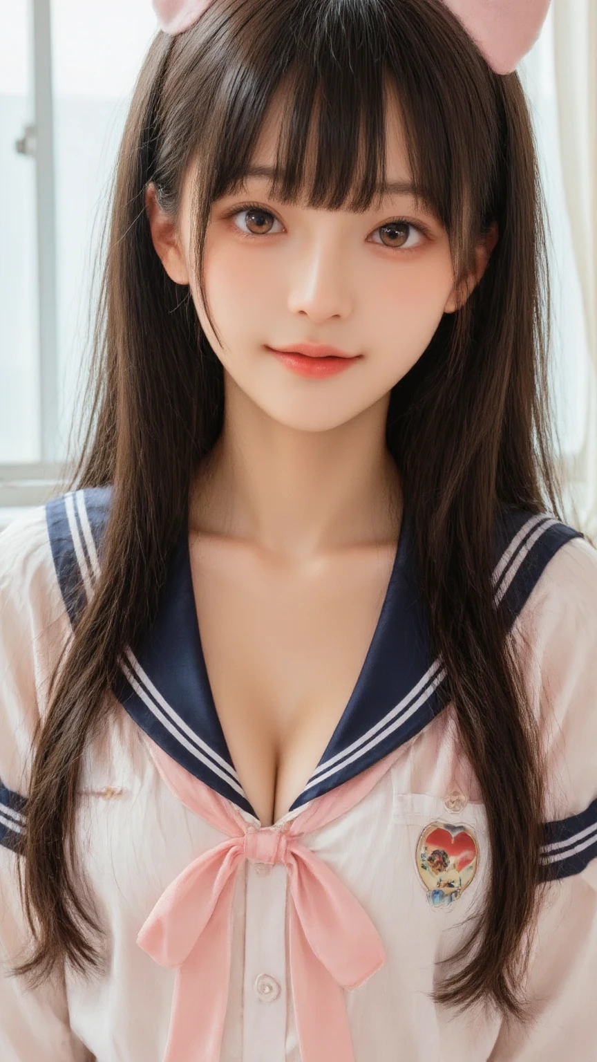(One Girl), ((Very cute face)), Great face and eyes, (Highly detailed eyes, Highly detailed face), Fresh, Very beautiful appearance, (Ultra-realistic, High resolution), (highest quality:1.4), RAW Photos, (Realistic, Realistic:1.37), Professional photography , (Wet and see-through sailor uniform:1.1)  , Smile a little, (look at me) , Portrait of a Girl  , (gigantic breasts:1.3)   , ((()))   , ((junior high school student)), (light brown short hair:0.9) , (wavy hair:1.3) , (Nipples visible through sailor uniform:1.3) , (Pussy juice:1.3) , (Please tilt your head a little) , Perfect nipples , ((Nipples are light pink )) , ((light pink areola))  , (selfie), (The man is licking her nipples:1.4) , (sweating cleavage:1.2) , (cum on her breasts ) , (small nipples) , ( one hairpin ) , (upper body) , (lying down on the bed:1.3) , (young face:1.3) , (little girl:ep on your side) , bare breasts