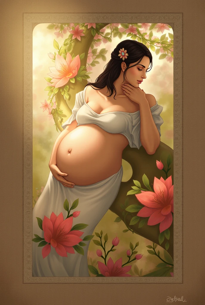 Très joli visage d’une femme au cheveux de fleure enceinte de 9 mois prise dans un vitrail, 4k, beaucoup, couleur vif, le pied de la femme nue dans un eau avec des nenufar