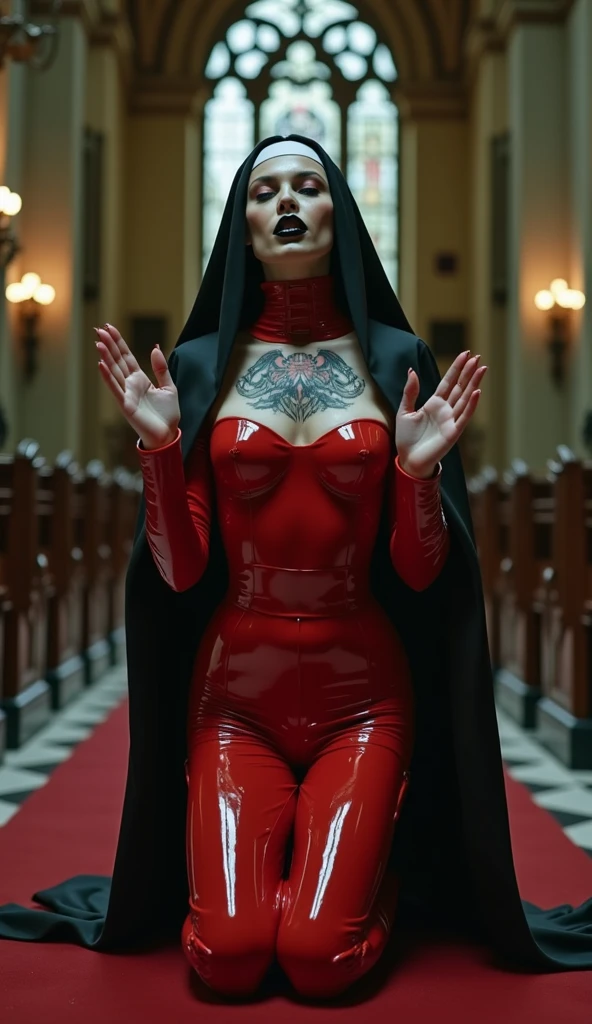 Double, ((ebony girl)), short blonde afro curly hair, medium breasts, solo, red eyes, glowing eyes, evil smile, scary, transforming. DBnun, long blue habit, cross necklace, long sleeves. in ancient cathedral. DBthing, scary, transforming. (tentacles:1.2), dynamic pose, cowboy shot.