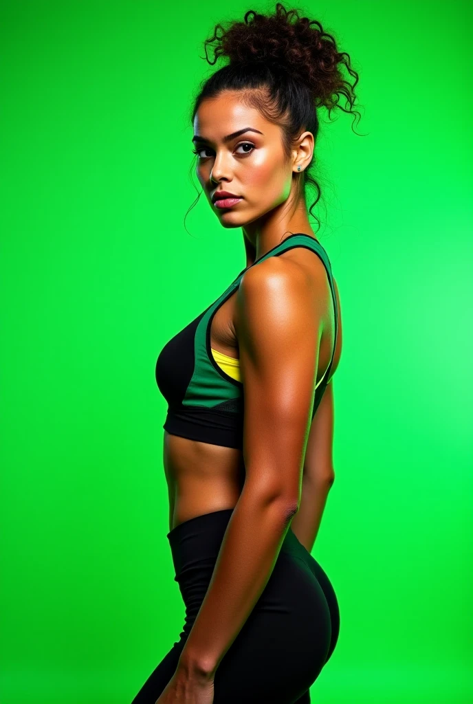 female wrestler, 6.1 175 pounds muscular and athletic, toned physique, bright green hair often styled in a pony tail. olive complexion, carries a lightning shaped staff. can control lightning and manipulate electrical charge.