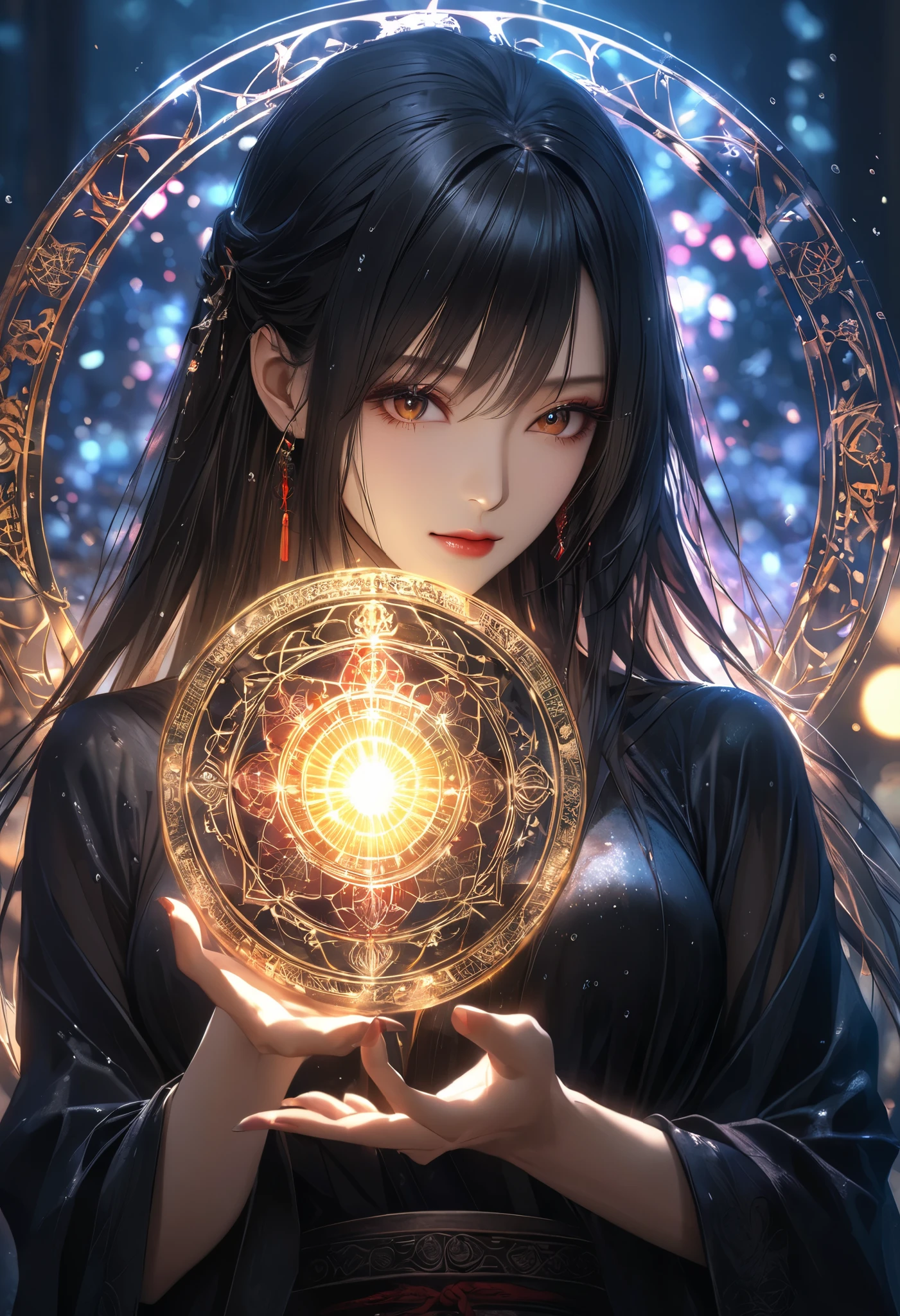 attractive adult women, alone, (A bewitching witch gets her hands on the Forbidden Book、summons Orientaloni, Ancient Taboos on the Theme of Forbidden Books),
BREAK The Light of Darkness Illuminates Ancient Forbidden Books, Magic Circle that emits light on spiritual sunshine, \Written with an illumination pen\,
High Precision, 4K quality , realistic, extremely detailed depiction, professional , HDR, vivid colors that are wet and transparent, bokeh, fantasy, Oriental, dark, mysterious, Forbidden , magic,