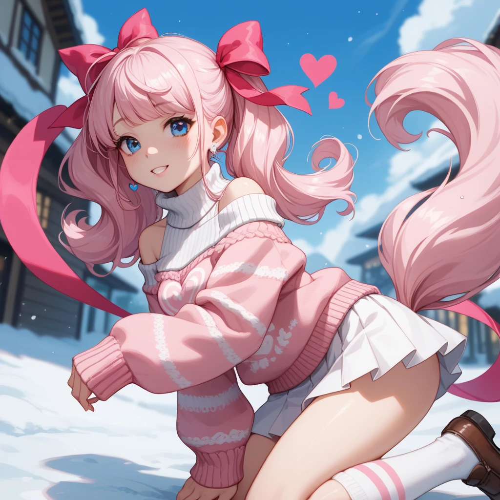 Snow Bunny has pink hair in a pony tail, she is wearing bunny ears, she is also wearing a comfy pink puffy coat and white tights with polka dots on them along with comfy pink boots.  SPARKLE; GLITTER
