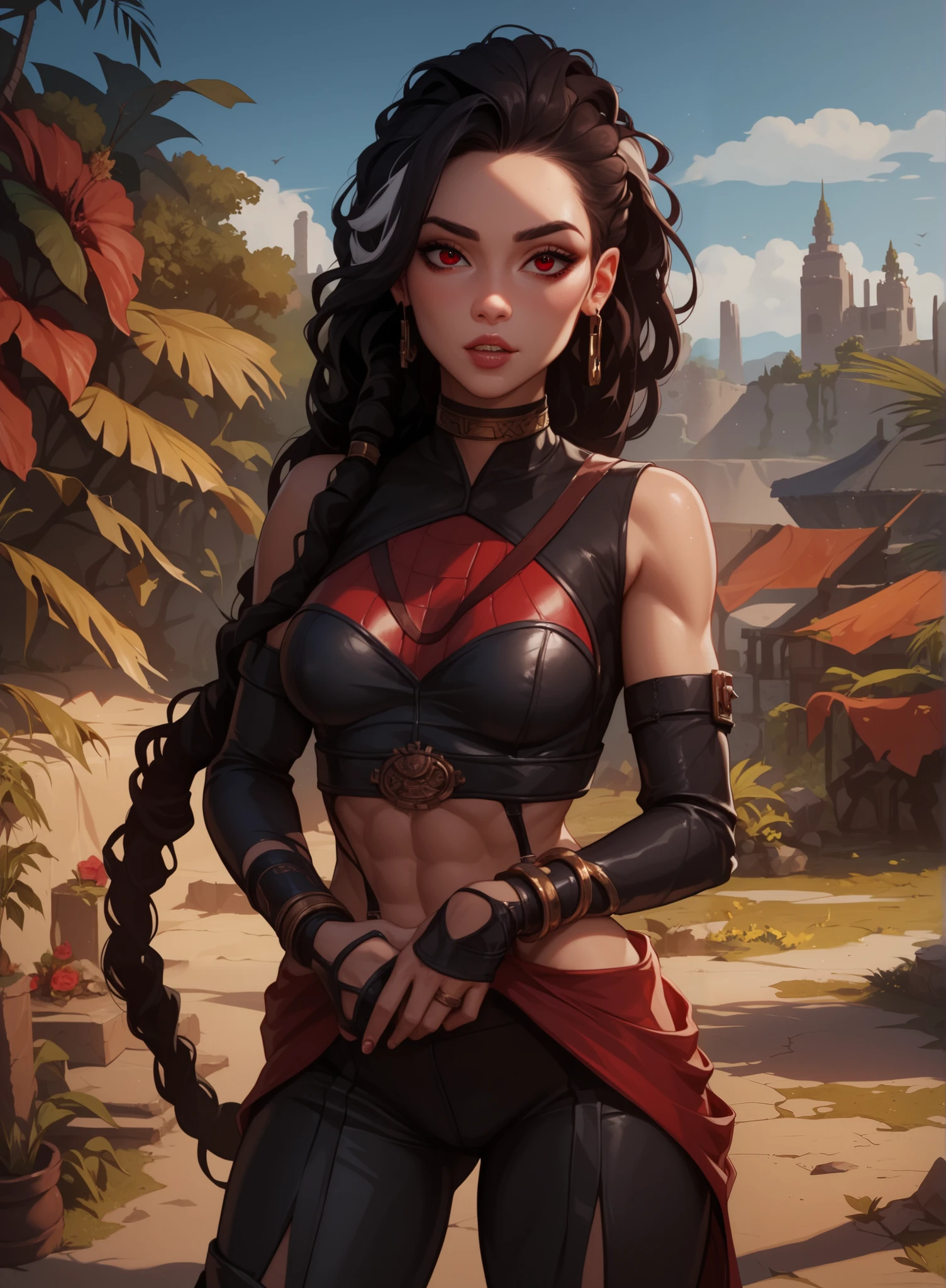 masterpiece, HD , great quality, very aesthetic, absurd, high contrast , high color palette , light glare ,Latest ,2.5D,volumetric lighting, Sweet, jung, 1 girl, aztekisch, round face, slim lips, small breasts, red eyes,athletic body, aztekisch, white hair strands, look at the viewer, Dreadlocks, shy, smiles, Anime shark teeth, background: jungles and Aztec ruins,