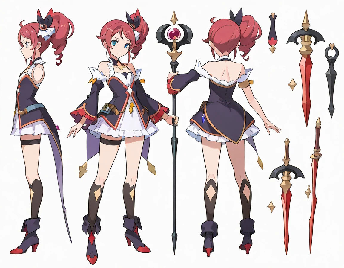 masterpiece,(best quality) magical girl, wepon, red, short hair, medium sized breasts, unique design, stockings,red and black, magical girl, fullbody,wand, ponytail, boob window, exposed stomach,( ( character concept art ) )