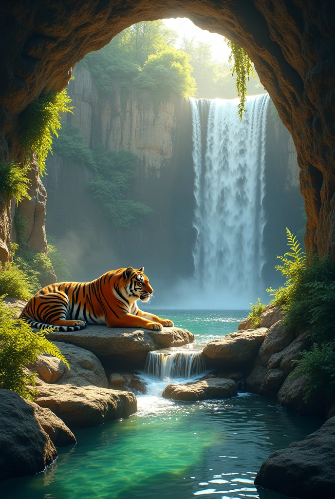 fantasy art, RPG art, an picture of an epic tiger resting near an epic sized waterfall in the desert at night, an epic tiger, big leopard, resting an viewing an (epic sized waterfall: 1.3), water coming down from a desert cliff, water cascading into a large pool that reflects the moon and stars, you can see the water hitting the pool, drops of water splashing around, photorealistic, 16k, RAW, award winning, (best detailed: 1.5), masterpiece, best quality, (best detailed: 1.3), full body, ultra wide shot,