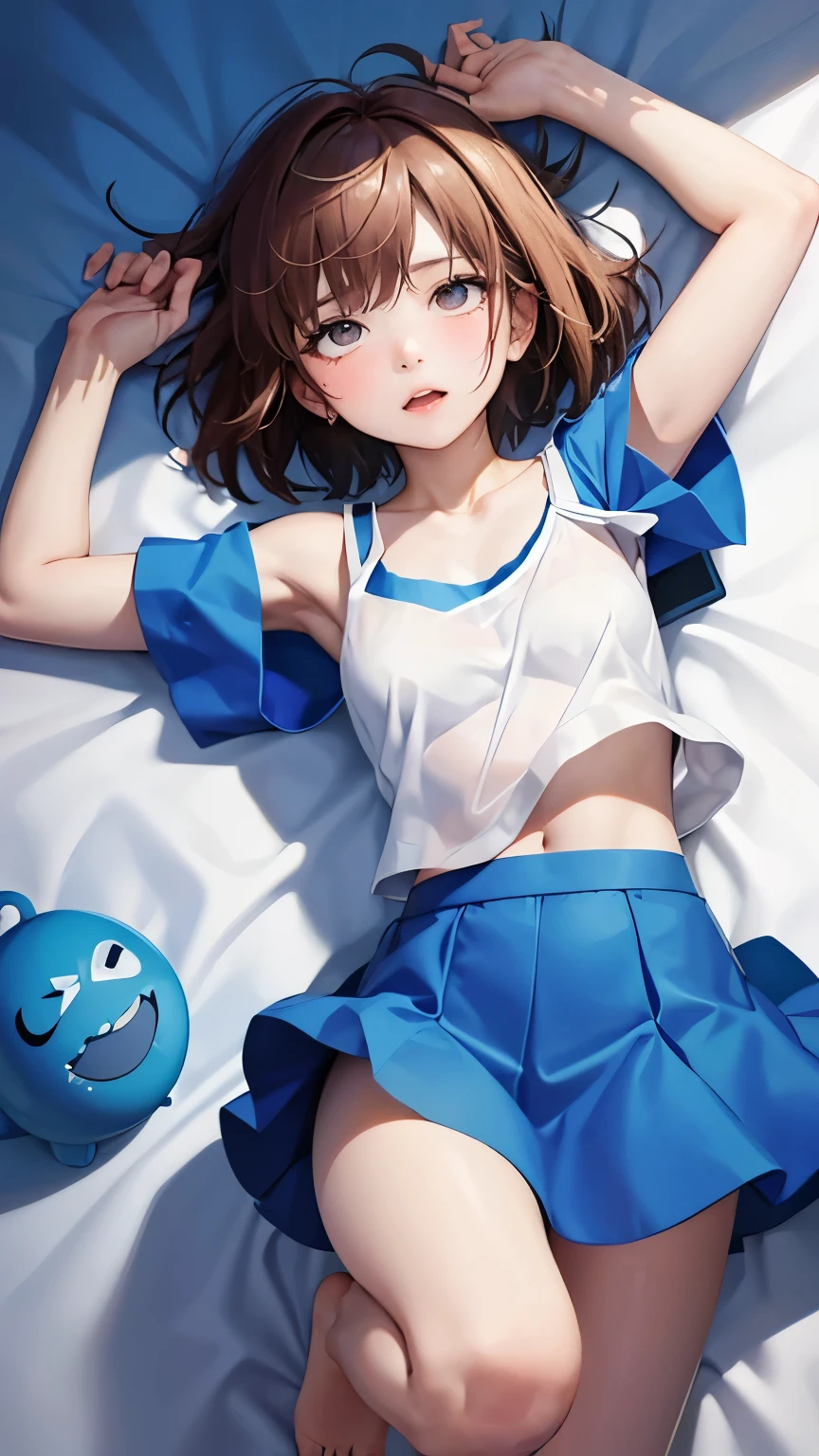 (((SFW、sound、Highest quality、 Super Horrible Leotard 、 normal body of a real person 、8k、 detailed face 、 super accurate 、 real color 、通常See also、5See also、Highest)))、 beautiful girl、 brown hair、 bob cut from the front、slender、 The length is short 、細いfeet、Arles、Squishy4、 Magician、Blue short sleeve shirt、 white tank top with sleeves over fingers 、 Tank top shirt、 blue miniskirt、Half shoulder pad、 Short sleeve 、、Dungeons、 feet 、torn clothes、 torn tank top 、 Torn Shirts 、torn skirt、 I turned my skirt upside down、 has a ragged skirt 、 I can see his white pants 、 Surprised My Clothes Were Broken .、Exposed Muscle、legs