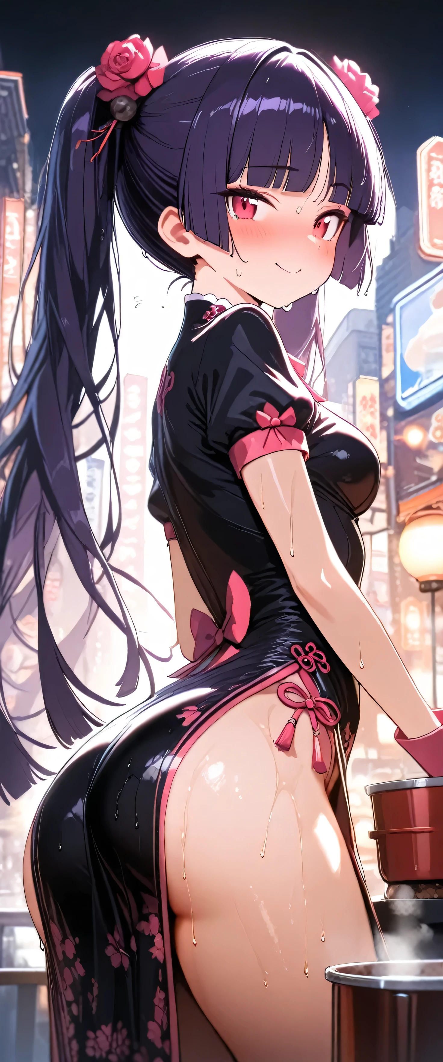 masterpiece, hd, high quality, 1 girl, anime, looking at the audience, long black hair, orange strands at the ends, pink eyes, piece of bamboo in the mouth, medium breasts, black gym top, anime demon slayer, she is looking at the camera
