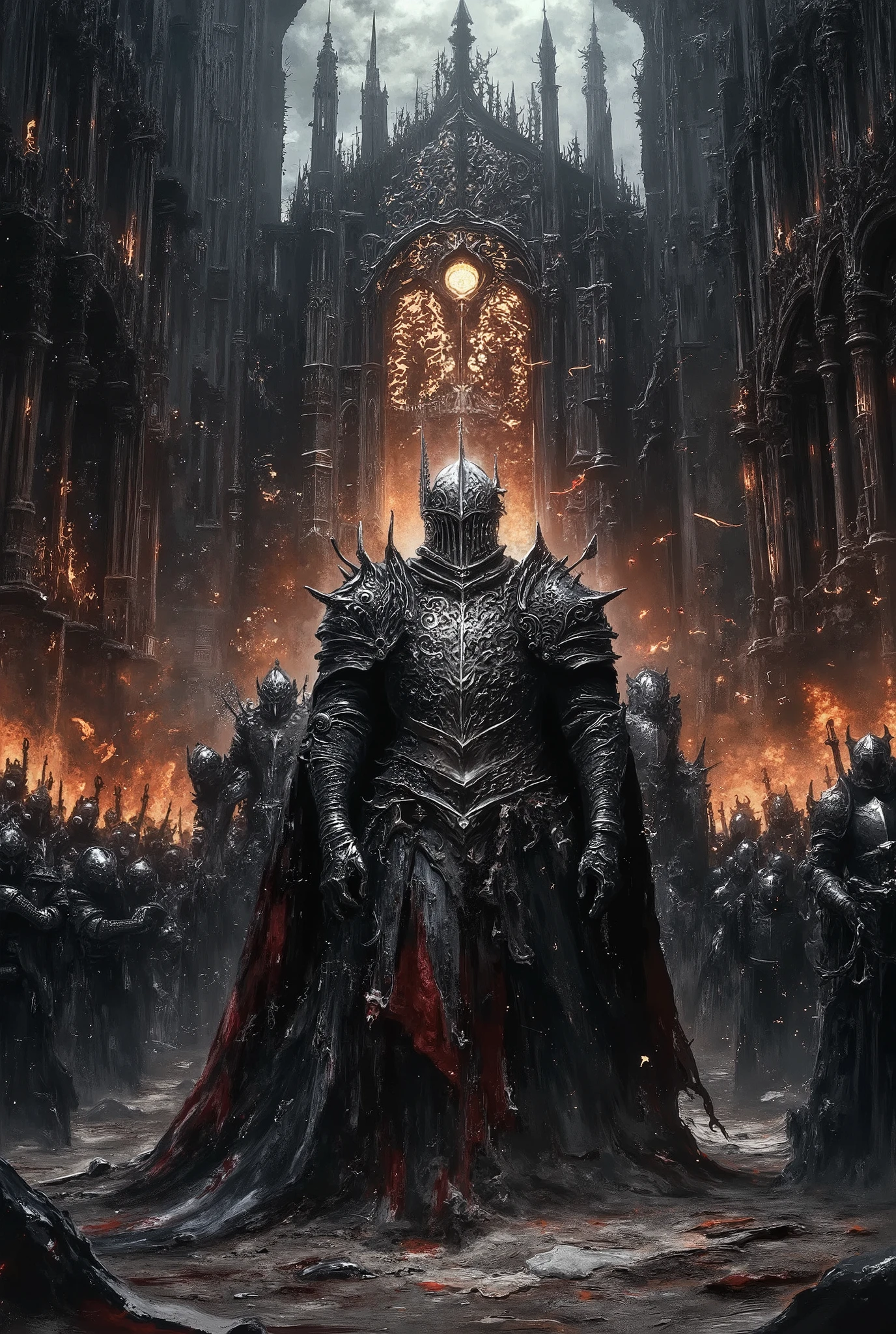 Dark Fantasy Oil Painting. Stunning, high-contrast digital artwork. The grand fantasy landscape presented presents a group of seven serious-looking men standing in a striking graphical formation. The protagonist is a white man in his late 30s or early 40s, standing out in magnificent, regal armor with a long, flowing dark red cloak behind him, his stance determined, representing his bravery and determination. Surrounding him are six other men, also in medieval armor, looking determined, also representing their bravery and determination. Each of them exudes seriousness and determination. The environment is a large battlefield. A large army of figures in dark armor appears behind him, illuminated by scattered, warm orange fire. The background is a giant Gothic castle illuminated from within with a hot, golden light. This artwork is reminiscent of medieval fantasy, using stylistic elements reminiscent of dark fantasy and a high fantasy cover art inspired by Frank Frazetta and Brom. The atmosphere is dark, the brushwork is richly textured, and the contrasts are exciting. Art Style: Dark Fantasy 70s