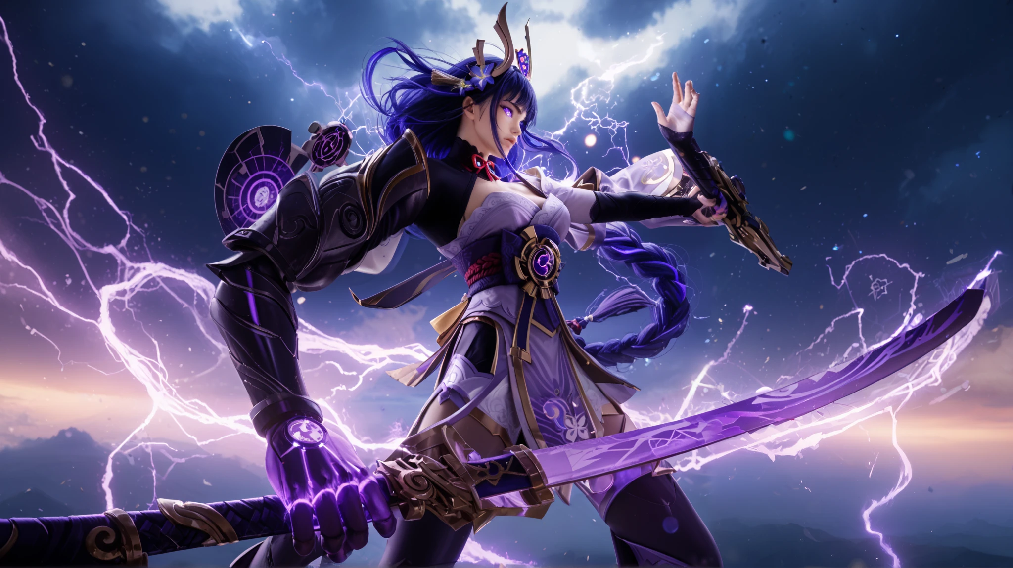 Raiden Shogun from Genshin Impact standing in a powerful stance, summoning her ethereal, otherworldly guardian. Massive, glowing purple hands with intricate arcane symbols float around her, manifesting through crackling violet lightning. The guardian's spectral limbs are adorned with ancient electro engravings, exuding an overwhelming divine energy. Raiden wields her signature katana, infused with electrifying power, its blade pulsating with raw elemental force. The battlefield is a surreal, dreamlike void, with a deep blue sky illuminated by arcs of energy and floating particles. Her intense, glowing eyes radiate absolute power and determination. The ground beneath her is cracked, surging with electrical currents. Ultra-detailed anime-style illustration, cinematic lighting, hyper-realistic rendering, volumetric lighting, bokeh effects, dynamic perspective, 85mm lens, f/1.8 aperture, symmetrical composition, atmospheric depth, professional concept art --ar 16:9 --v 6 --style raw --q 2 --s 750