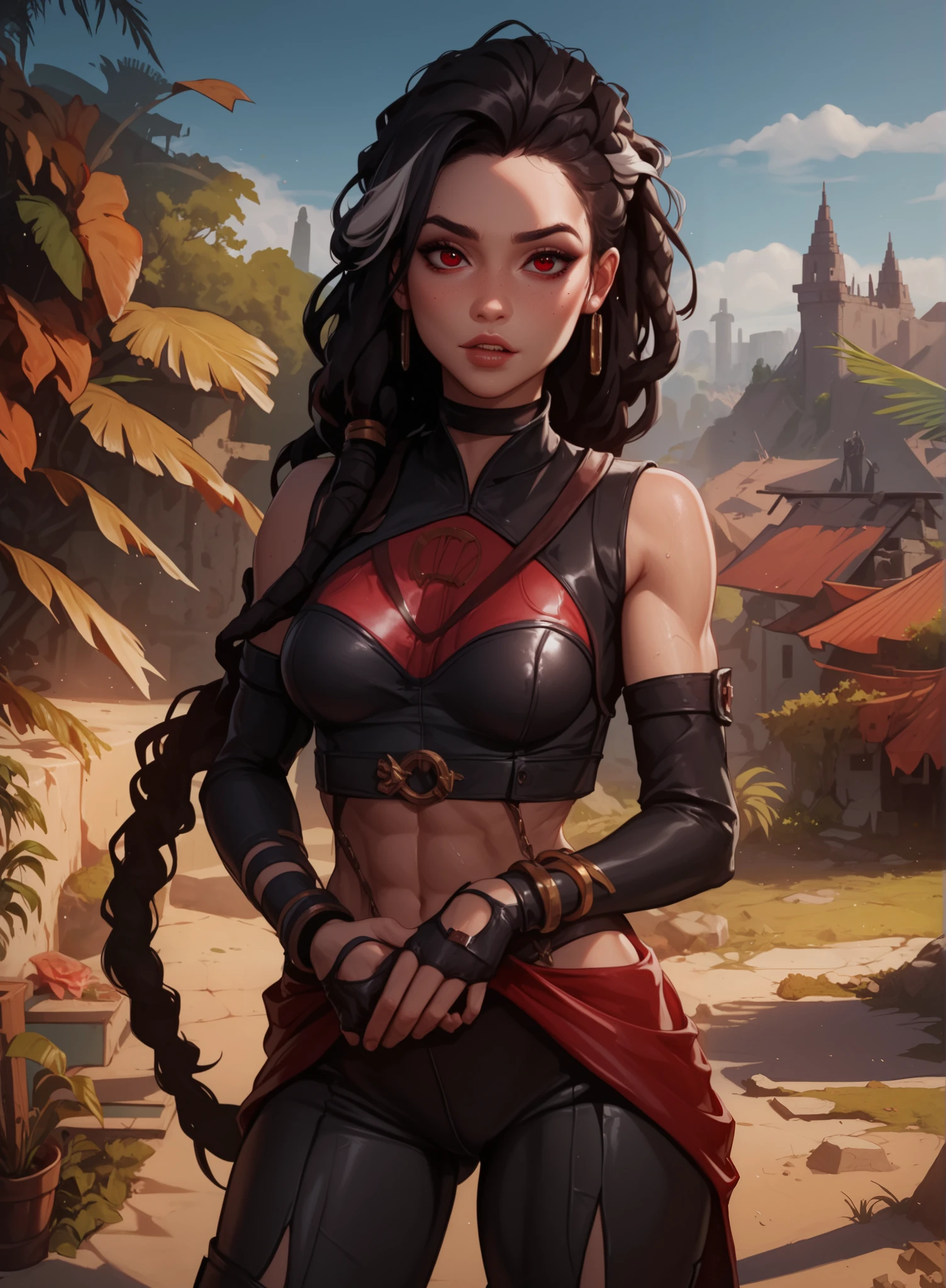 masterpiece, HD , great quality, very aesthetic, absurd, high contrast , high color palette , light glare ,Latest ,2.5D,volumetric lighting, Sweet, jung, 1 girl, aztekisch, round face, slim lips, small breasts, red eyes,athletic body, aztekisch, white hair strands, look at the viewer, Dreadlocks, shy, smiles, Anime shark teeth, look like a young Jennifer Lawrence, background: jungles and Aztec ruins,