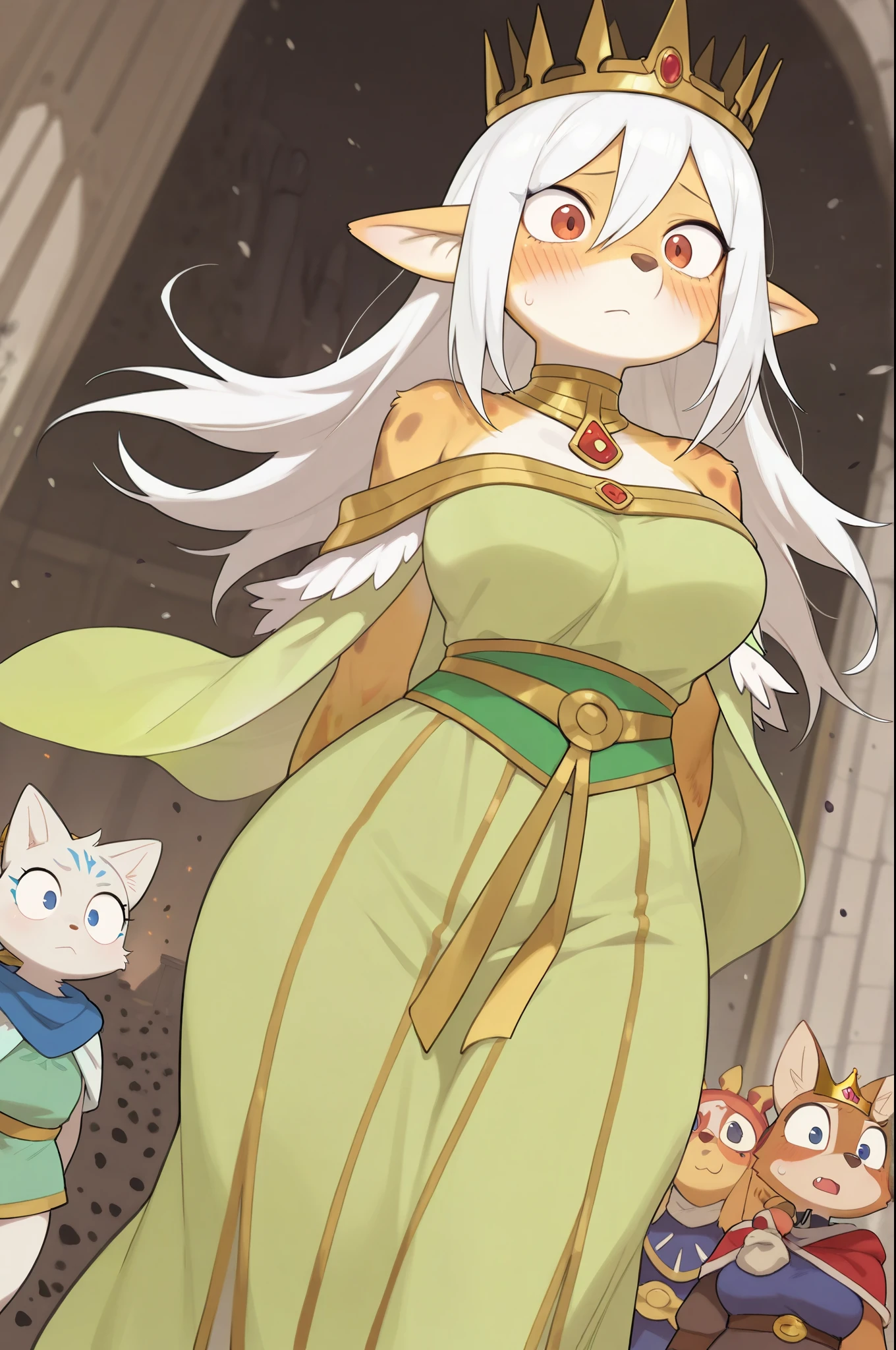 in, top quality, masterpiece、 cartoon anime、female furry、 White Hair、Queen of the Winds、pointed ears、Light Green Dress、Crown of Ashes、tornado、Ride the wind、Palace of the Winds