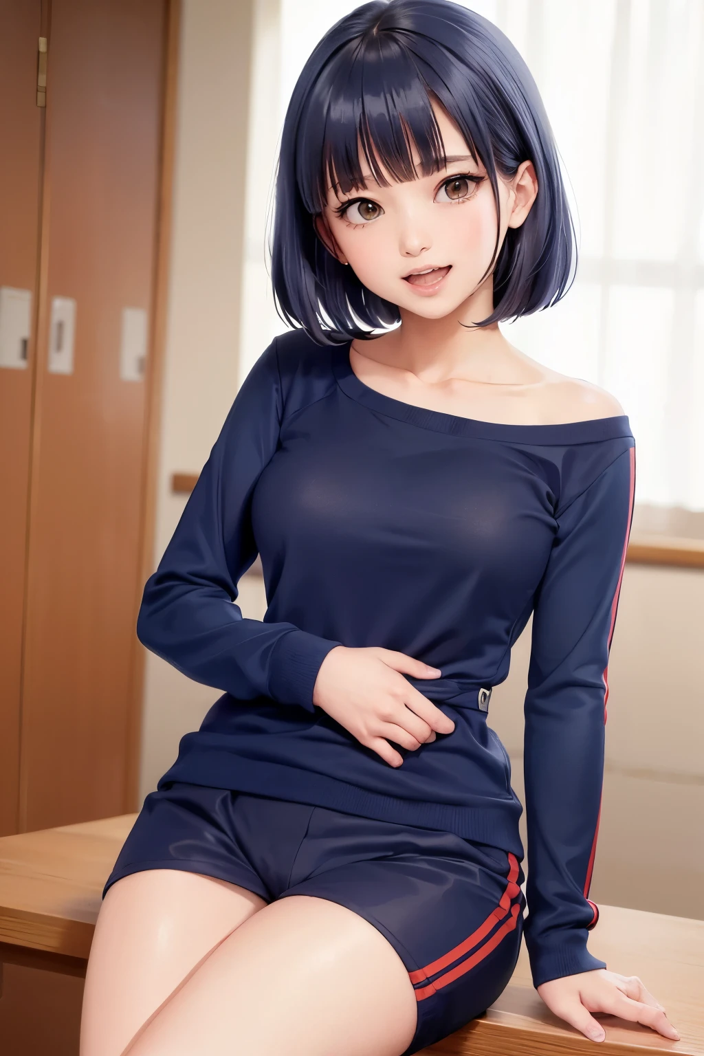 locker room,Fitted tracksuit、Move、 elementary school student、(Thin:1.5),( Big Breasts),( black hair、 short bob),( Highest quality image taken by Ki,(8k), super real , 最 high quality , high quality , high resolution, high quality なテクスチャ, High Details, beautiful details , fine details, Highly Detailed CG, The fine texture of women's breasts, Realistic facial expressions , masterpiece, ), shy laugh、is embarrassing