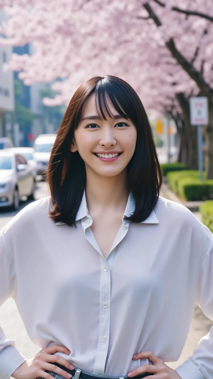 最high quality, In 8K, whole body, Real, Upper Body, high quality, High resolution, Detailed face, Detailed eyes, Thick lips, (Look at the viewers), alone, Middle-aged women, , 60 years old, , Wavy Hair, , Wearing short sleeves, Standing in front of a fountain, Wrinkles around the eyes, Smiling with teeth showing, Background Blur