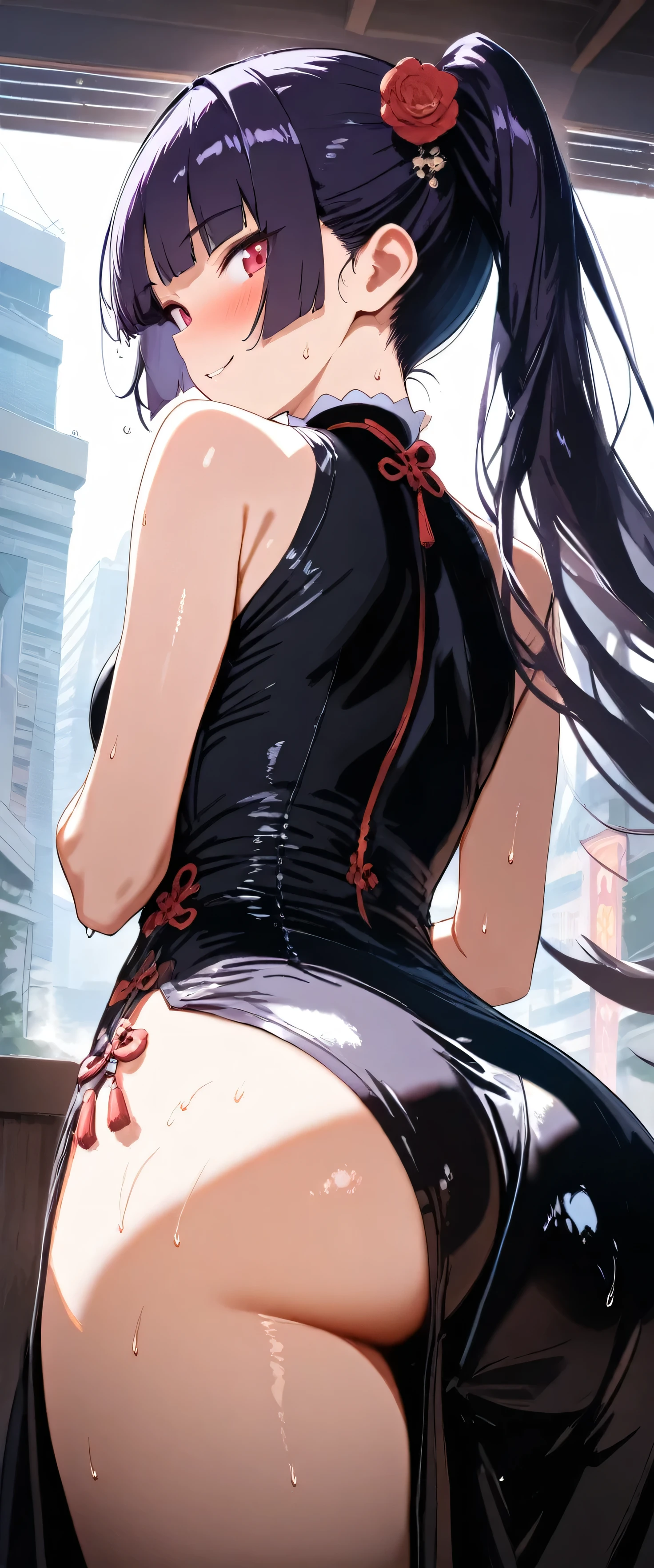 Twin tails、Highly detailed black cheongsam, Looks about , (beautiful girl: 1.3),Highest quality,8k,Highly detailed CG unit wallpaper,masterpiece:1.2,top-quality,Ultra-high resolution,RAW Photos,real texture skin,Cinema Lighting,Embarrassing,blush, vapor,Wet,Sweat,Moist eyes,weak,Huge buildings,metropolis,The girl is a delivery girl who delivers Chinese food to customers.,,Steam from cooking,,,Big, round, beautifully shaped butt,,((Booty pose)),(from below:1.3),(looking down, watching at Viewer:1.3)