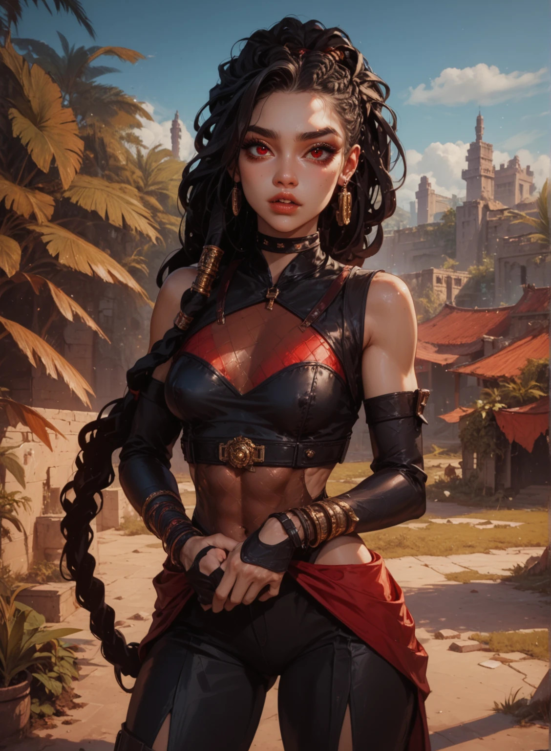 Ultra realism, ultra resolution, HDR, Photo realism, Black woman 20 years old, dark skin, medium breasts, medium hips, full body, red curly hair, in ninja outfit, kitana (MK), in Greece, on rooftops, curly hair reds, 8k