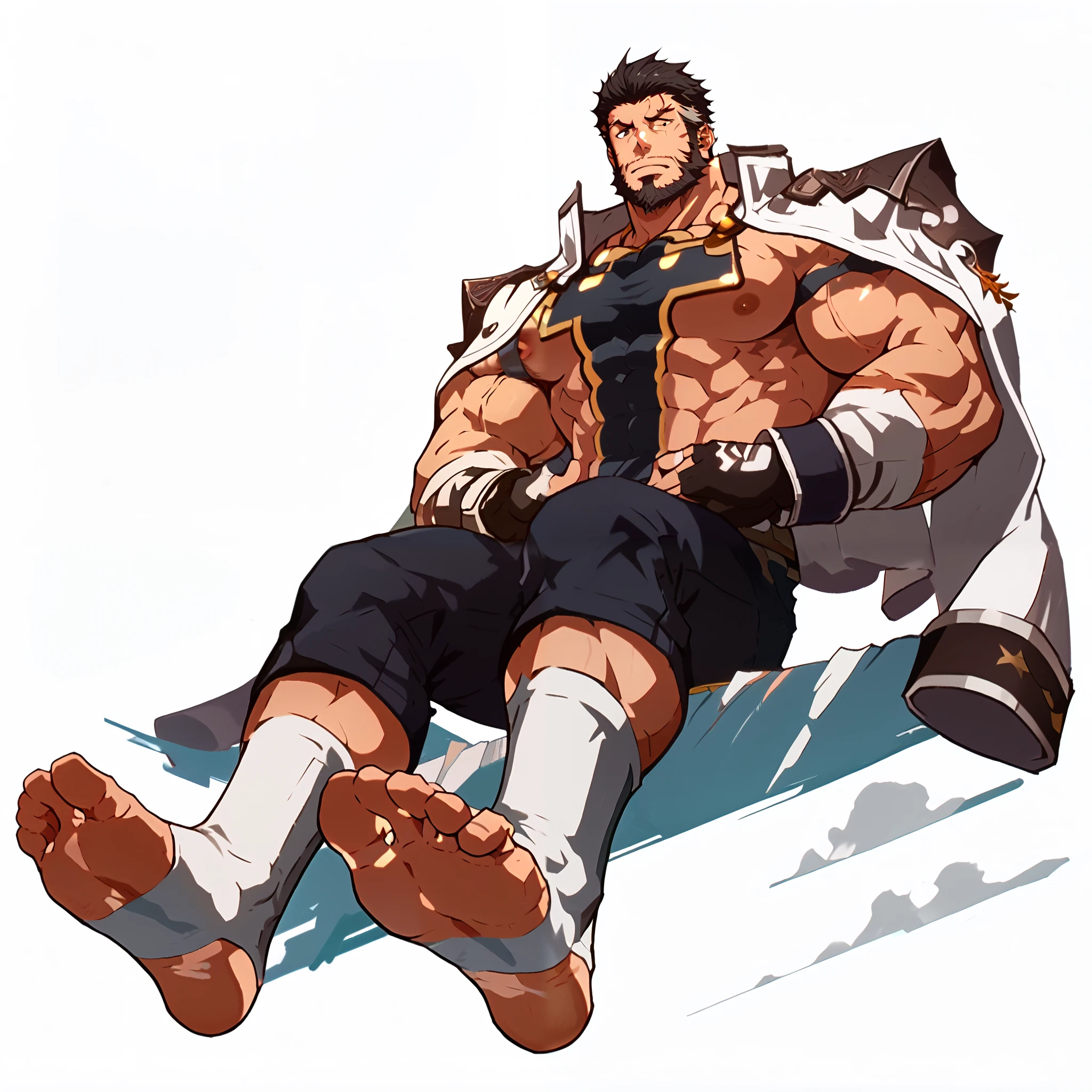  Highly Detailed, fine details, White background,  1 boy , 's only,  mature male,  short hair, black hair,  Gloves, jacket,  hands at waist， Topless ,nipple, scar,  biceps , beard，  manhood , front，Half Body， white socks，jacket on shoulders,Muscle display ，full body，front，armpit,sitting,(from below:1.2),soles of feet,