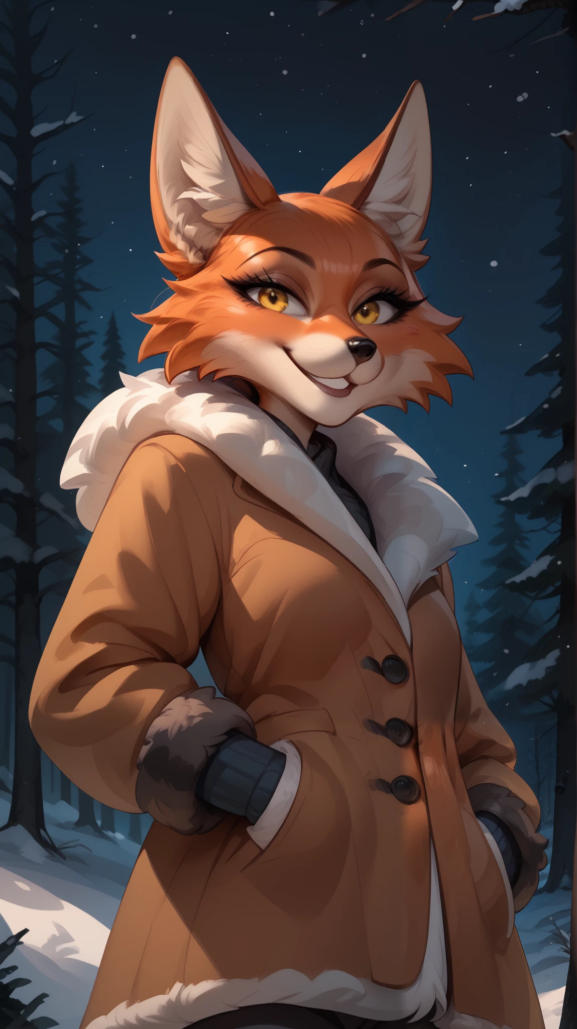 looks at the viewer, Night, Pine forest, winter, shaggy character, girl, anthropomorphic fox, Yellow eyes, orange fur, fur coat, malice, sly smile