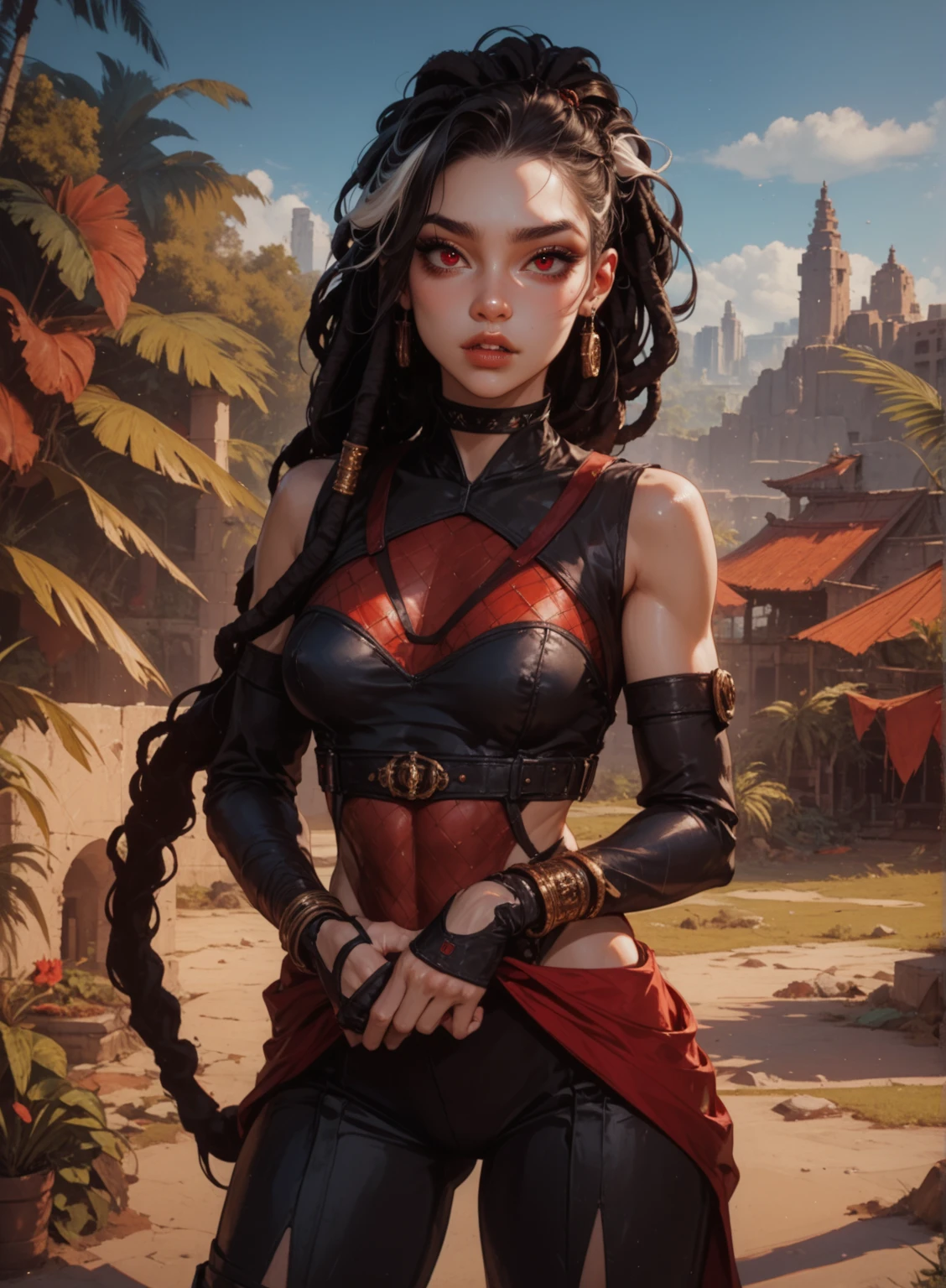 (((mulher))), (((melhor qualidade))), (((obra prima))), (((adulto))), Uma guerreira mulher de 35 anos com corpo perfeito, Gladiadores do Brooklyn, (( sob os peitos )), quase nua no estilo selvagem urbano de Simon Bisley para a capa da revista Heavy Metal, cabelo loiro, Minimum clothing, Dark blue with white stars and red and white checkerboard pattern, armadura, cheio de pontas e rebites, tatuagem tribal, (((do joelho pra cima))), cabelo desalinhado