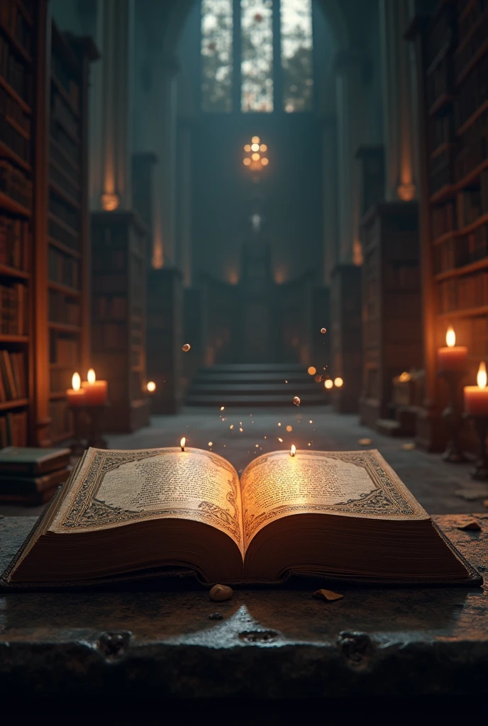 a forbidden book, dark ancient tome, occult mystical artifact, mysterious cursed pages, arcane symbols, glowing otherworldly energy, gothic cathedral interior, dusty bookshelves, candles flickering, ominous shadows, dramatic chiaroscuro lighting, dark fantasy style, digital painting, 8k, high resolution, hyperrealistic, photorealistic, unreal engine, physically based rendering, cinematic, dramatic colors, moody tones
