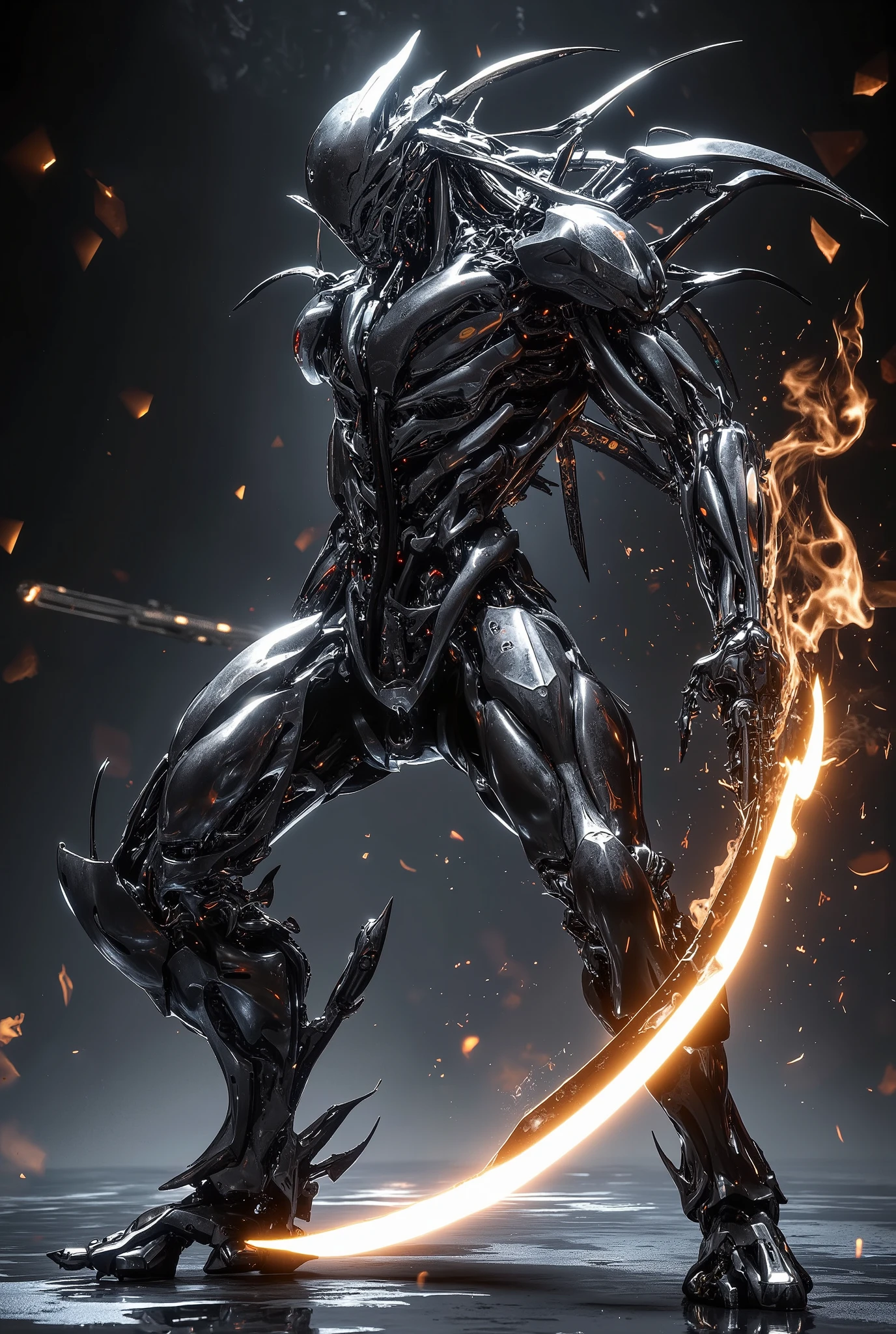 Man Helem War Steel (Steel robot body )  Electric Fire Long Sword Futuristic Style Fighter Standing on the Battlefield Floor Futuristic Body Shattered Blast Bullet Severe gunshot wound (Chrome steel ) cracks and splits