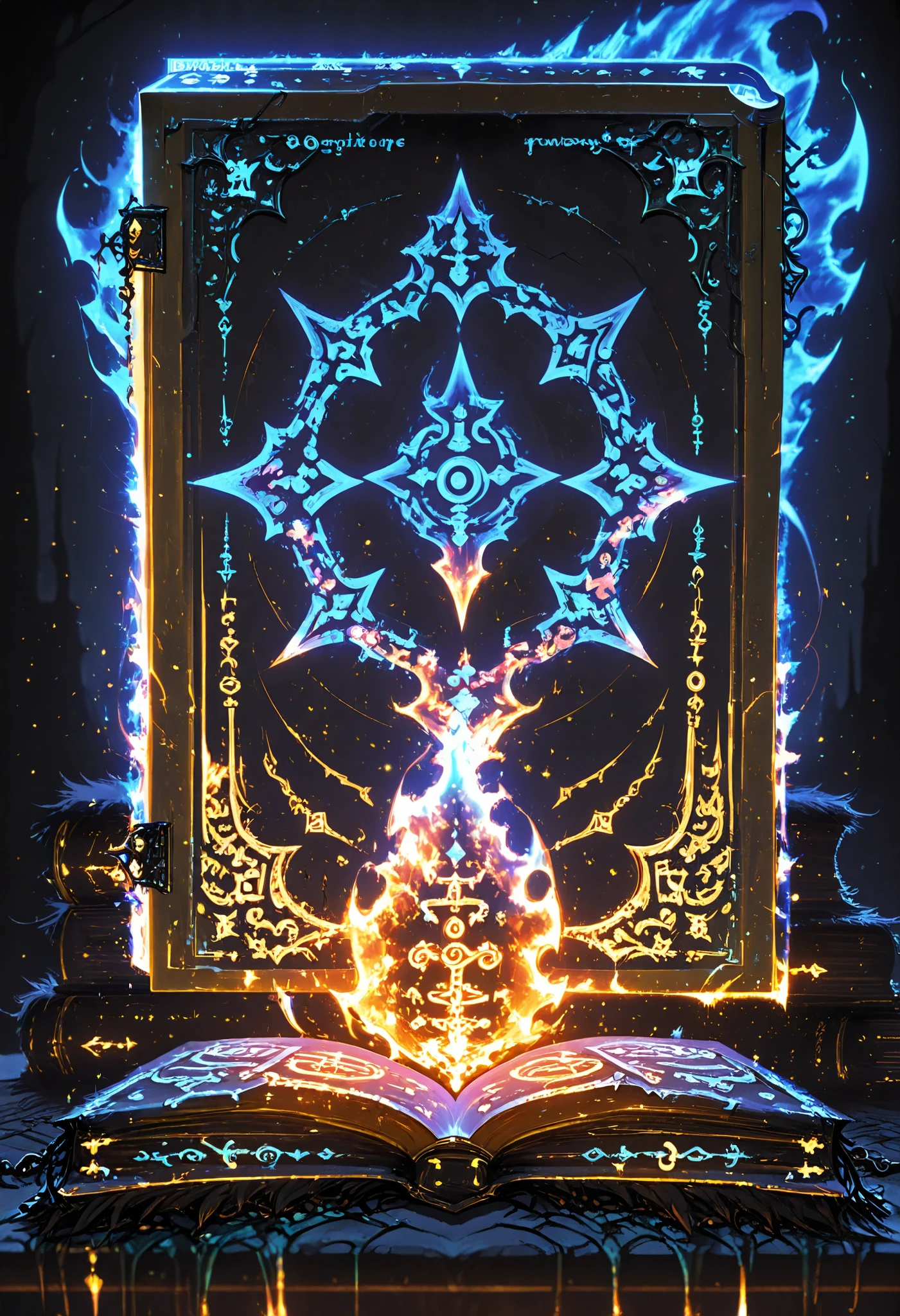 object,object focus,book,grimoire,foliant,magic,glowing,runes,text,detailed,engraved,fur trim,glowing, glowing particles, glowing flame, light particles,holographic colors,luminescent glowing colors,dark background,backlighting,luminescent colors,glowing colors,chains,table,masterpiece