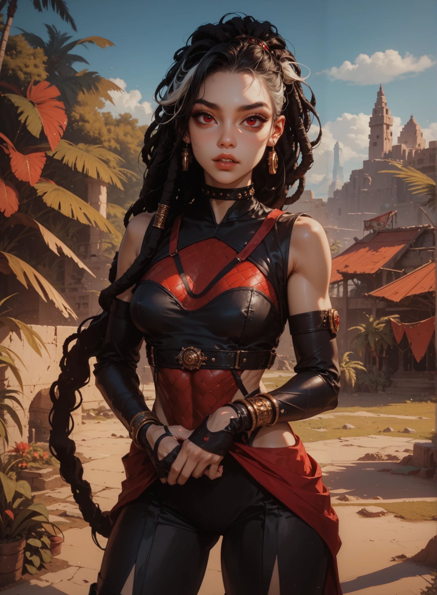 masterpiece, HD , great quality, very aesthetic, absurd, high contrast , high color palette , light glare ,Latest ,2.5D,volumetric lighting, Sweet, jung, 1 girl, aztekisch, round face, slim lips, small breasts, red eyes,athletic body, aztekisch, white hair strands, look at the viewer, Dreadlocks, shy, smiles, Anime shark teeth, background: jungles and Aztec ruins,