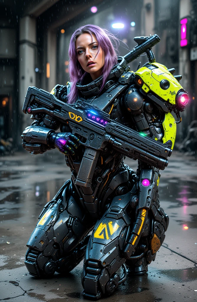 ((realistic pictures, highest resolution, top quality, perfect , body)), Russian beauty with perfect big ,  full body, cyberpunk, Mechanic suit with detailed and detailed components, Automatic rifle,  is kneeling on the floor, A lot of people are tired, realistic cg, are raining, bright natural light for school, ((Beautiful smile))