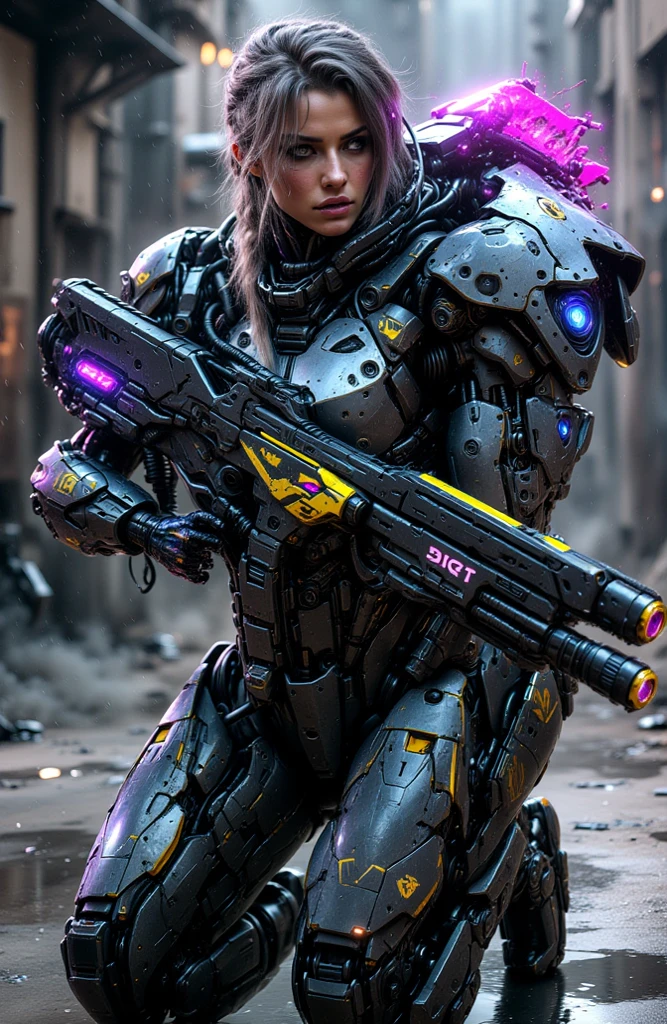 ((realistic pictures, highest resolution, top quality, perfect , body)), Russian beauty with perfect big ,  full body, cyberpunk, Mechanic suit with detailed and detailed components, Automatic rifle,  is kneeling on the floor, A lot of people are tired, realistic cg, are raining, bright natural light for school, ((Beautiful smile))