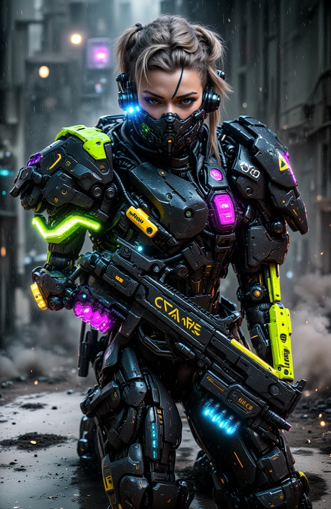 ((realistic pictures, highest resolution, top quality, perfect , body)), Russian beauty with perfect big ,  full body, cyberpunk, Mechanic suit with detailed and detailed components, Automatic rifle,  is kneeling on the floor, A lot of people are tired, realistic cg, are raining, bright natural light for school, ((Beautiful smile))