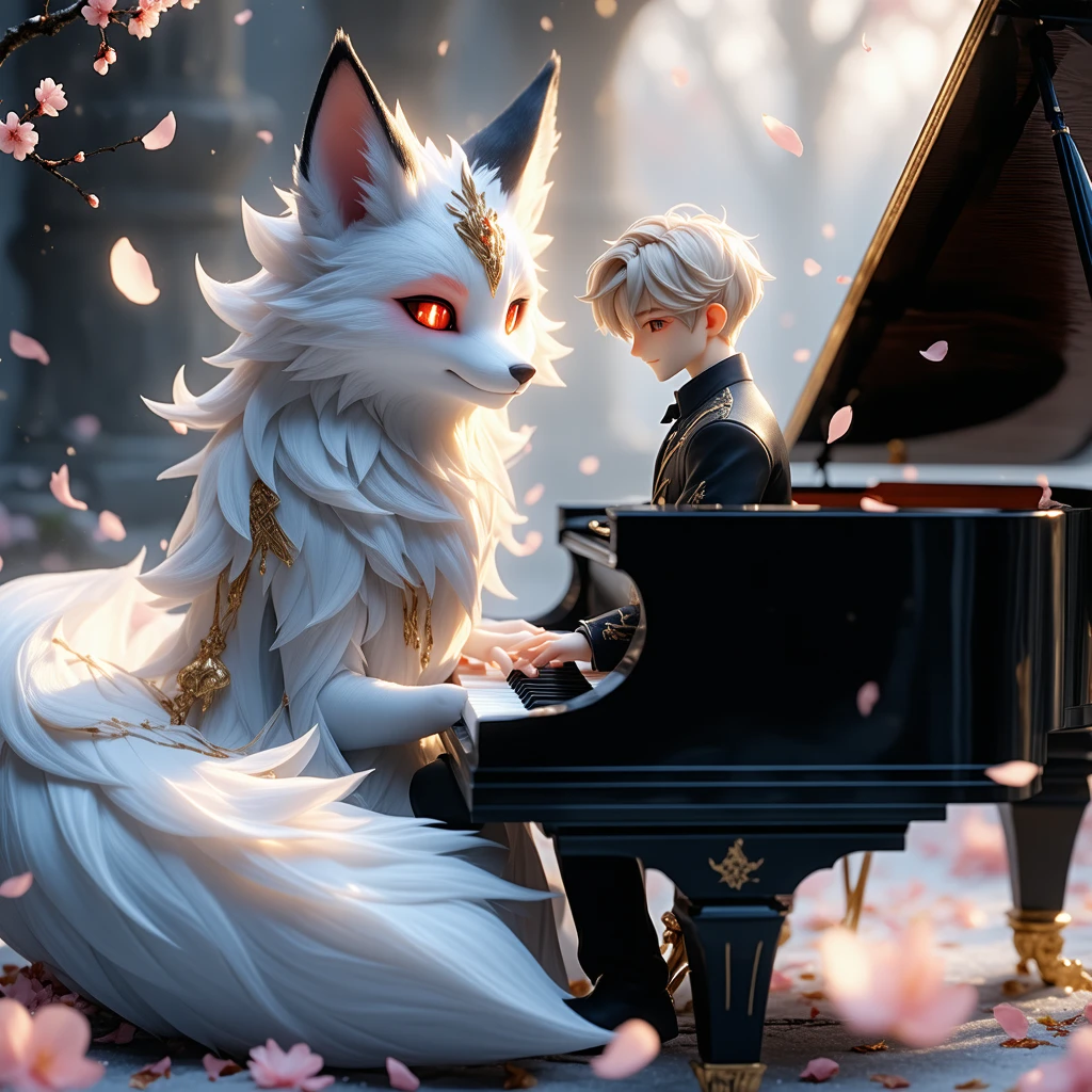 "A majestic, ethereal nine-tailed fox with glowing red eyes, covered in silky white fur with soft pink gradients, sits gracefully in the background. The fox has an ornate golden forehead ornament, radiating a divine and mystical aura. In front of the fox, a young boy with short blonde hair plays a grand piano. He wears an elegant outfit, bathed in soft, magical light. The piano is glossy black, reflecting the warm glow of the fantasy atmosphere. Cherry blossom petals float around them, creating a dreamy, enchanting scene filled with elegance and mystery."