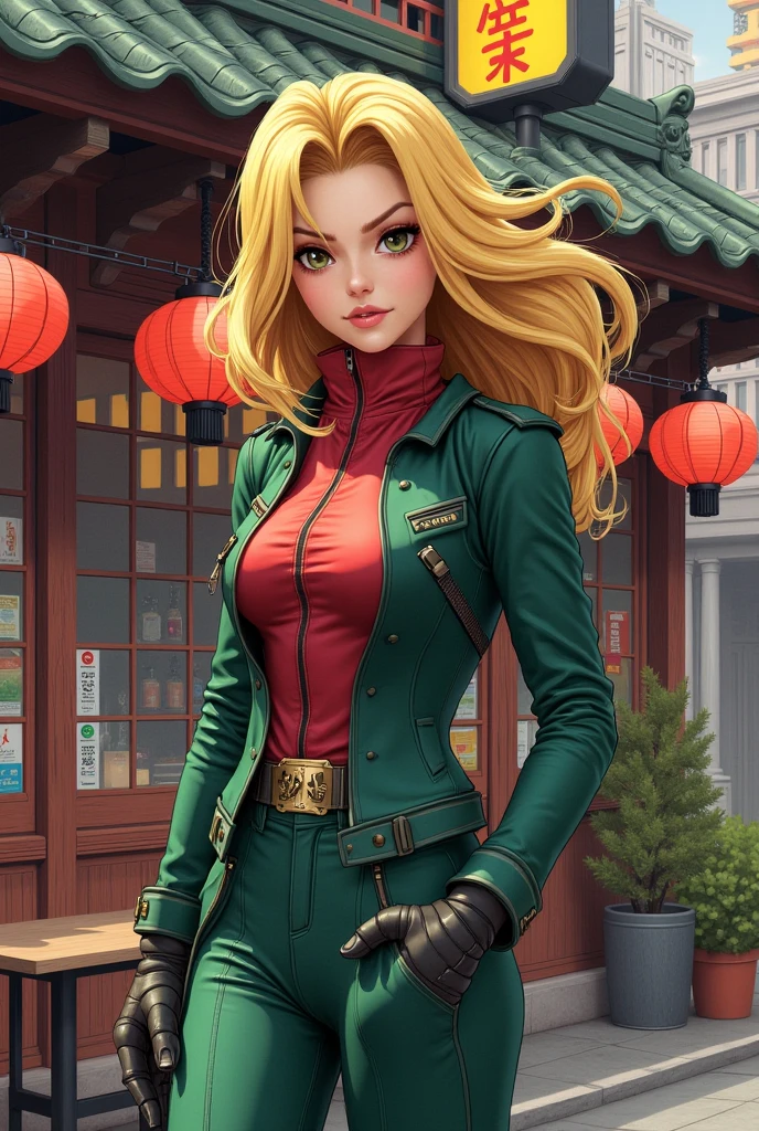 AppleJack, Applejack from my little pony, big breastes, Lush breasts, closed clothing, elastic breasts, exuberant hair, straight hair, red elastic band on the hair, samurai, kimono , smirk, serious face, Katana in hand, big iron katana, very long katana, emphasis on the sword, shiny sword, glitter sword, view from bottom, Foreshortening from the ground, fishnet stockings, apple hairpin, green red outfit, Red Belt, a lot of green and red, beste-Qualit, Very detailed, Japanese farm, the trees, Apple trees, cowboy hat