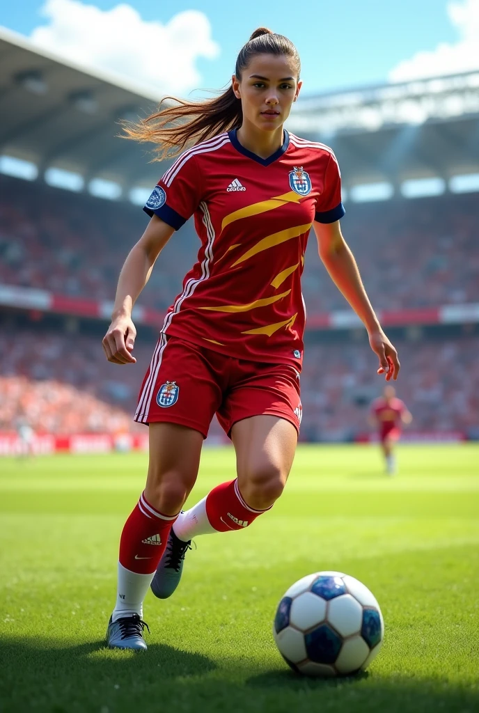(medium full shot) of (stunning soccer player) young woman, japanese, tan skin, hazel eyes, Medium build, long red straight down hair, wearing a yellow clean soccer uniform top, soccer shorts, soccer cleats, holding a soccer ball, headband, set in Training Ground Gym, specialized training equipment for athletes, recovery area with massage tables, sports science lab, nutrition station with healthy snacks and drinks, holding a football, woman surprised, open mouth, running toward the viewer, ,Masterpiece,best quality, photo, realistic, very aesthetic, detailed face,