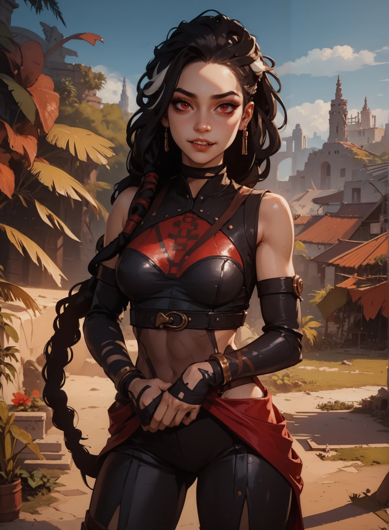 masterpiece, HD , great quality, very aesthetic, absurd, high contrast , high color palette , light glare ,Latest ,2.5D,volumetric lighting, Sweet, jung, 1 girl, aztekisch, small , red eyes,athletic body, aztekisch, white hair strands, look at the viewer, Dreadlocks, shy, smiles, Anime shark teeth, background: jungles and Aztec ruins,