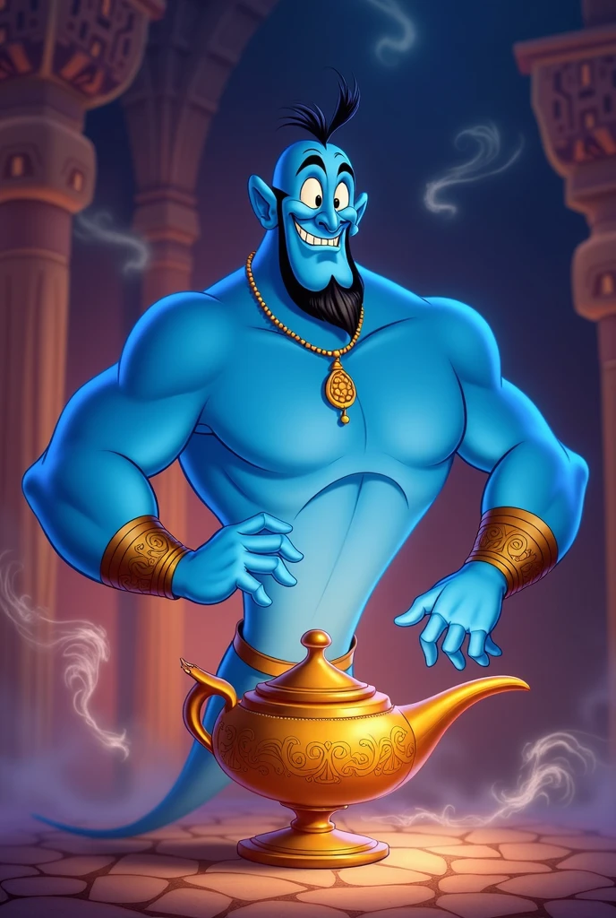 Genie, the jolly lamp fairy from Aladdin. She serves Aladdin as his master and faces various adventures. Jeannie's expression is curious, faintly super-cheerful and good at telling jokes. She is a gentle lamp nymph who always makes everyone around her feel at ease. She is begging for freedom to escape from the lamp where she belongs. Jeannie is a large, macho man with a blue body. He specialises in the ability to transform into anything. He makes the lamp his home and when he rubs it, smoke comes out from the lamp's mouth. It should be wide open, reflecting the surreal world of the desert kingdom of Agrabah. Jolly lamp fairies Jeannie, Aladdin and the Wizard. The lighting is soft yet dramatic, the suitors just as pretentious as they are affectionate and crave freedom. A modern woman who is intelligent, strong and sometimes uses her own beauty as a weapon. The colour palette mixes soft pastels with dark, introspective tones, creating a balance between innocence and her complex thoughts.