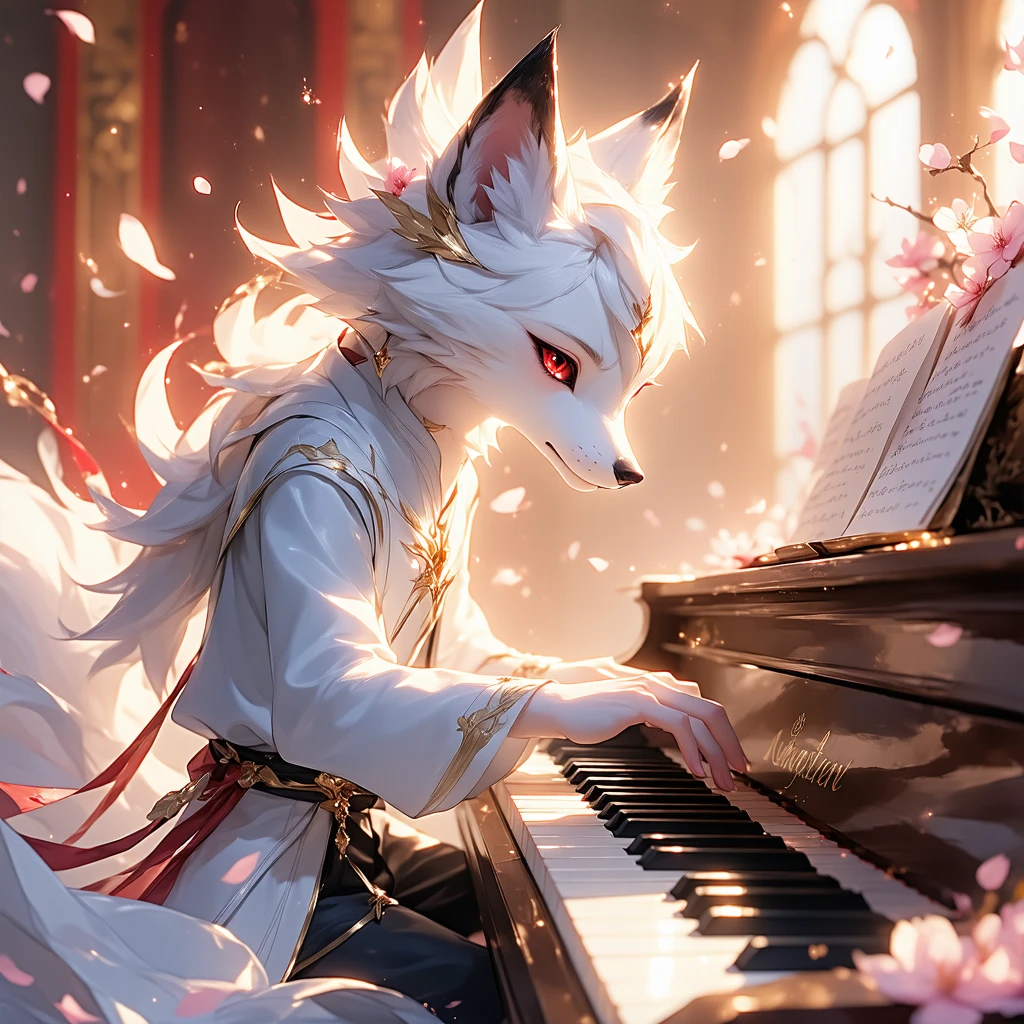 "A majestic nine-tailed fox with glowing red eyes, covered in silky white fur with soft pink gradients, sits elegantly in the background. The fox has an ornate golden forehead ornament and exudes a divine, mystical aura. In front of the fox, a young boy with short blonde hair plays a grand piano passionately. He wears a refined yet simple outfit, and his fingers gracefully move across the keys. The scene is illuminated with warm, golden ambient light, with floating cherry blossoms and magical sparkles enhancing the fantasy atmosphere."