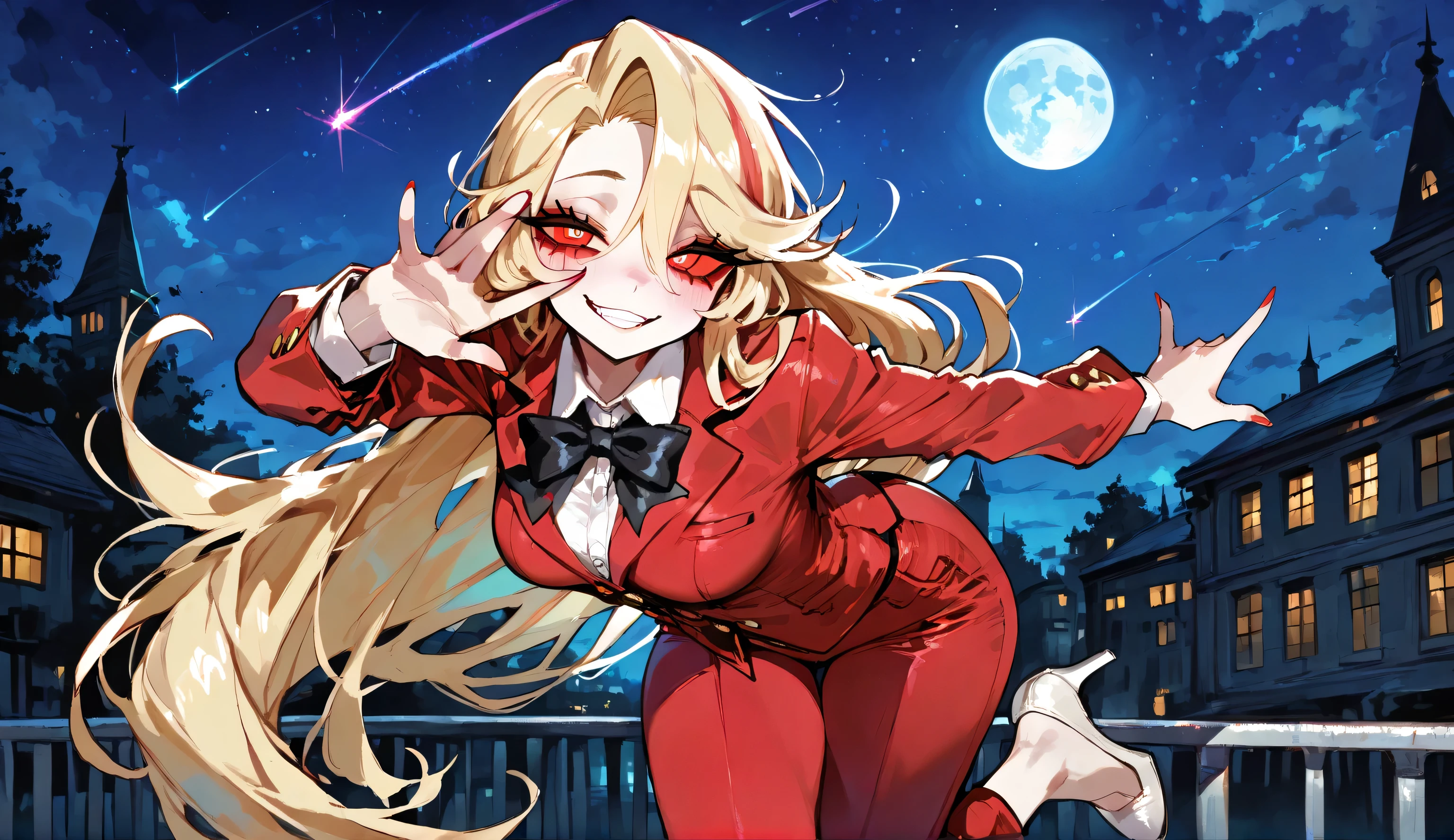 ((best quality)), ((highly detailed)), absurdres, (detailed eyes, deep eyes), (1girl), dynamic pose, cowboy shot, charlie morningstar, blonde hair, very long hair, red eyes, (colored sclera), medium breasts, smiling, red jacket, black bowtie, red pants, high heels, white footwear, (outside, at a school, building, midnight, night sky, stars, full moon, shooting star)