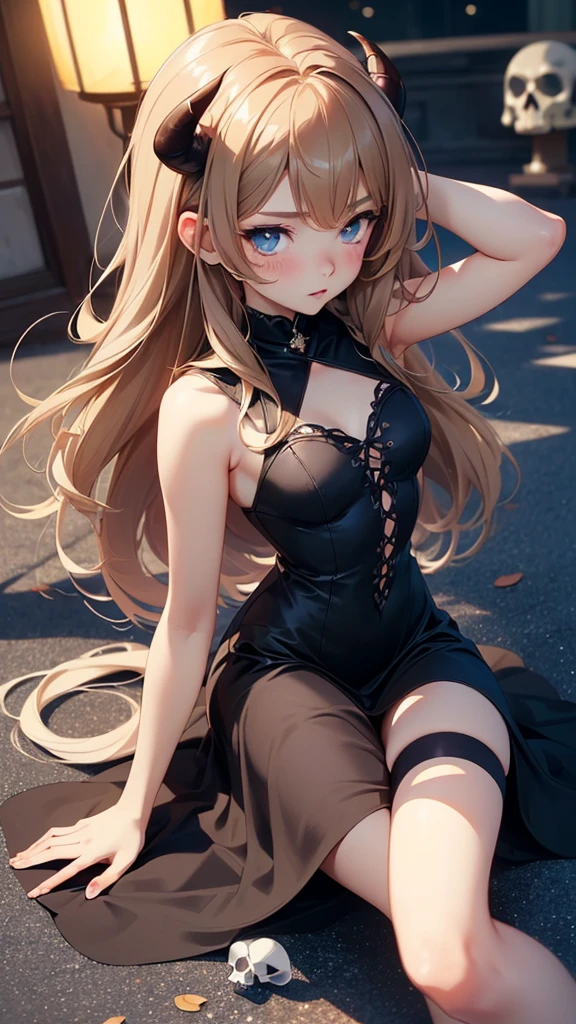 highest quality、4K quality、Beautiful cleavage、Beautiful Style、tall、Small breasts、Bare buttocks、Small Ass、Blonde up ponytail、Shy face、20-year-old teacher、Bare shoulders、grab the skirt、ultra detail eye,Shooting from the side