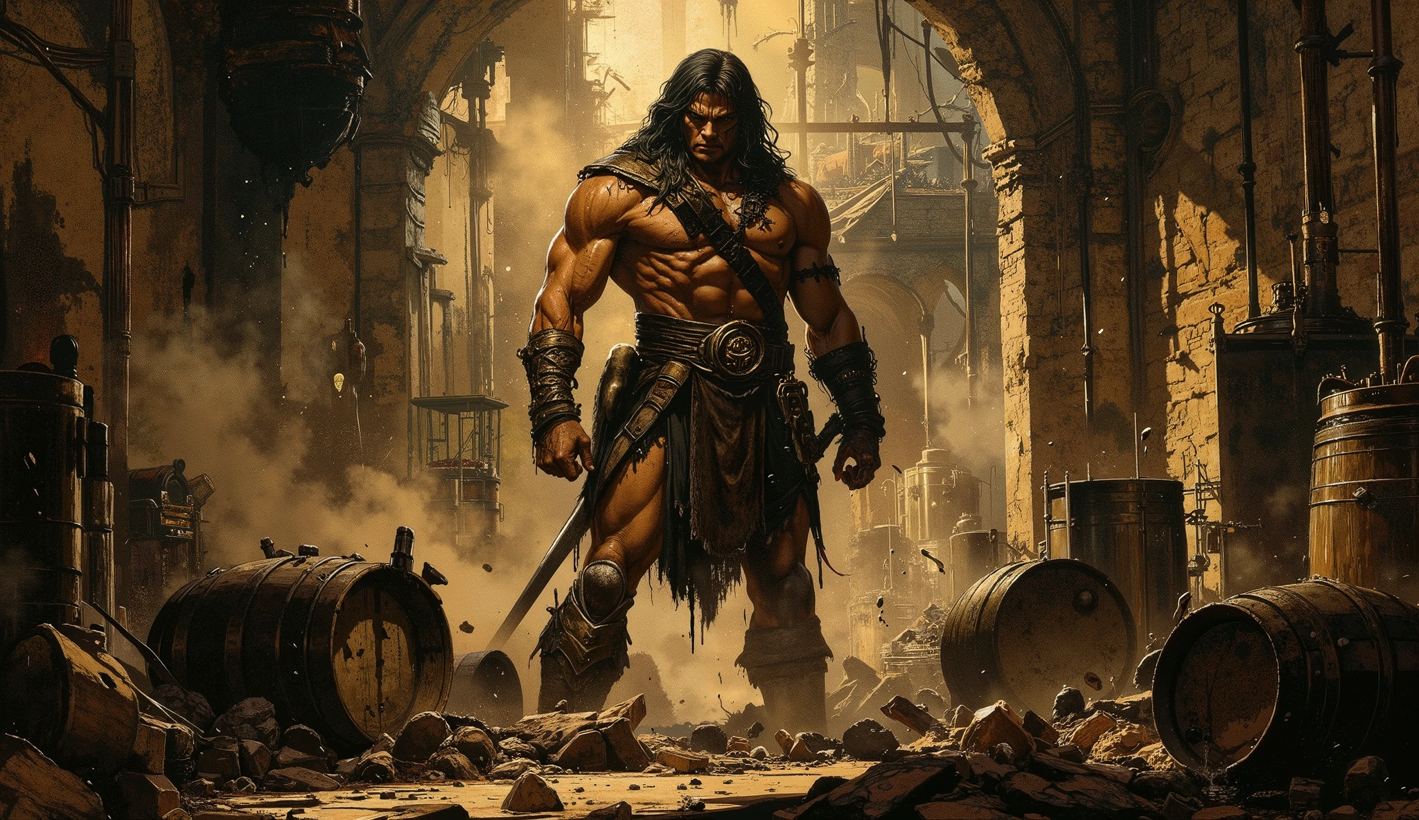 conan the barbarian breaking a medieval brewery in ruins, black beer thick as oil drips from the ceilling and leaks out of the barrels