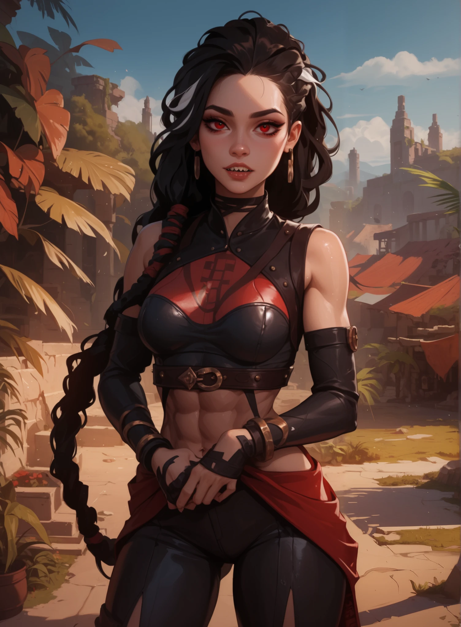 masterpiece, HD , great quality, very aesthetic, absurd, high contrast , high color palette , light glare ,Latest ,2.5D,volumetric lighting, Sweet, jung, 1 girl, aztekisch, small breasts, red eyes,athletic body, aztekisch, white hair strands, look at the viewer, Dreadlocks, shy, smiles, Anime shark teeth, background: jungles and Aztec ruins,