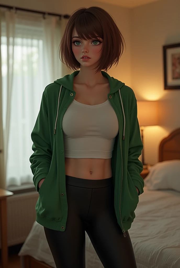 1girl, full body, teenager, solo, (short pixie cut Hair, undercut red hair: 1.28), ((light gray eyes)), some small freckles, (dark fox ears: 1.35), pale skin, large breasts, (thin hips, thin waist , athletic body: 1.25), simple background, looking away, (wearing a big oversized lime green hoodie: 1.5), kneeling on a bed, in a bedroom, masterpiece, best quality,3d rending work ,3DMM style, close-up, portrait, 3D,