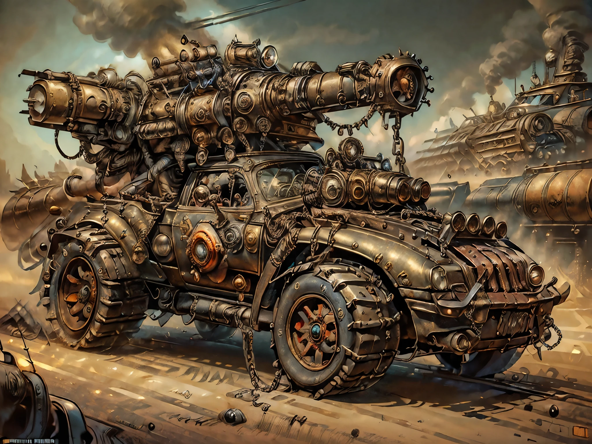 high resolution,  32K detail and a sharp image  .  The image must be super original and complex .,  image with a variety of beautiful and vivid colors .( Masterpiece , best quality), Mad Max-style car at full speed  , large vehicles ,  leaving sandy trails  ,a lot of metal and epics , (( Male drivers in the style of Mad Max ,  punk style metal jewelry chains:1.5, one of them grabbed the outside of the car with a gun in his hand:1.4)).  Фон этого  Masterpiece а просто эпичен...,  featuring a destructive apocalyptic scene 