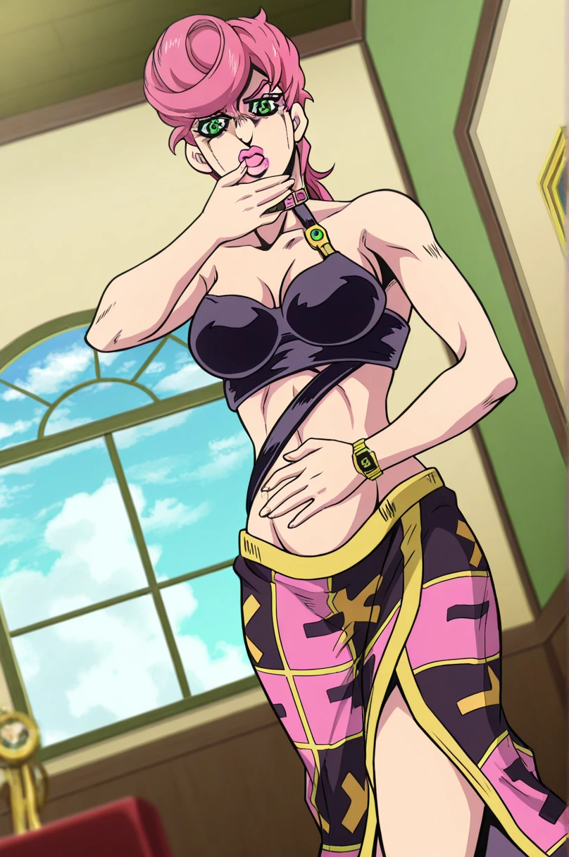 Jolyne Anime, wearing crazy transparent sexy outfit, silk outfit, lace outfit, lashed, bizarre outfit, see through outfit, wide hips, standing on the street, crowd of people, camel toe,