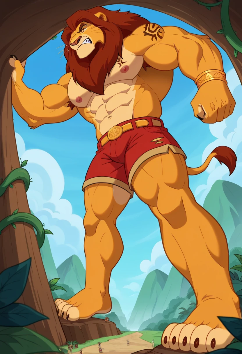 male furry white lion with red spiked penis, full body, standing on a deserted beach