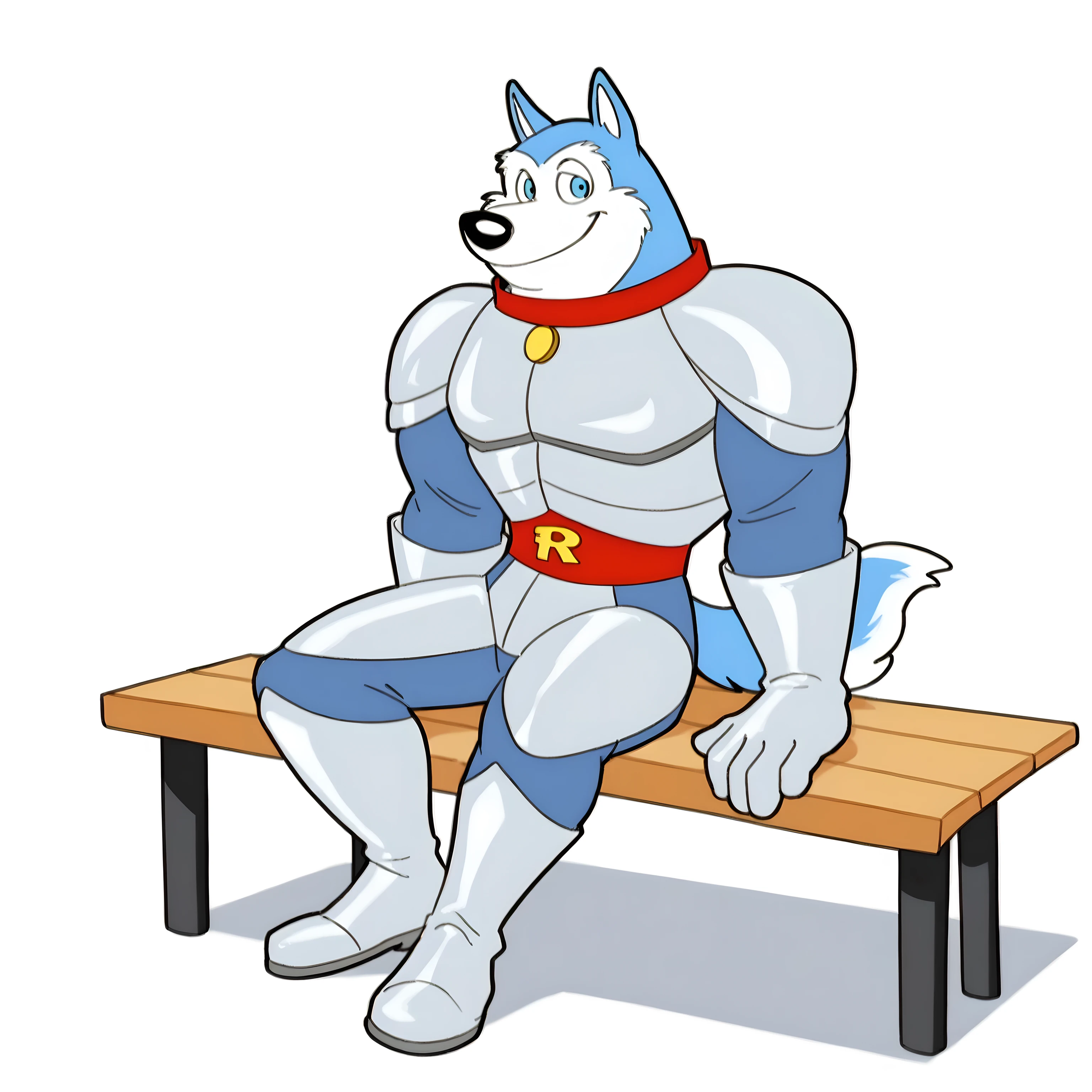 Exile (Road Rovers), high quality, blue fur, white fur, anthro dog, solo, male, full body, red collar, blue eyes, smile, high quality, best resolution, silver uniform, silver gloves, red waist, white background, no background, sitting on wooden bench, eyes half closed