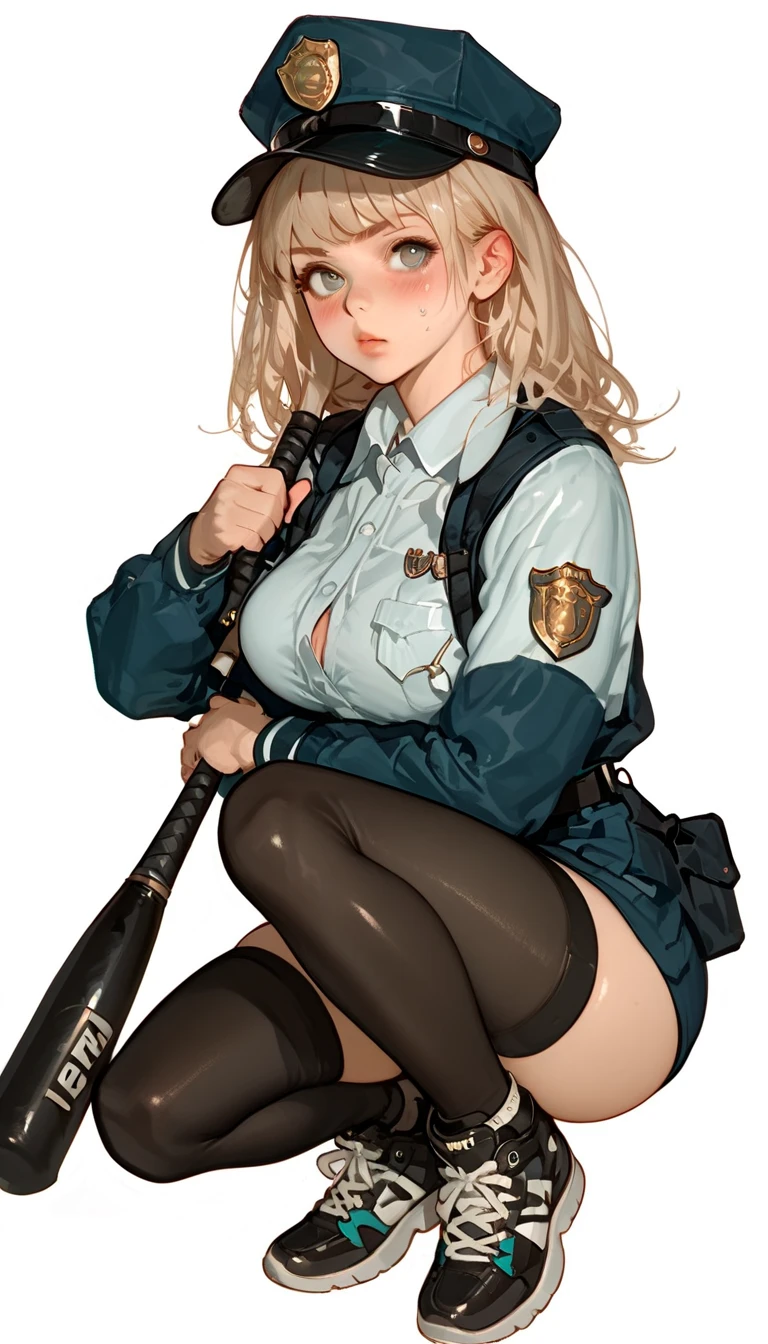 Painting of a woman in uniform, (SFW) Safe at Work, Heroine👀 :8, Omawari-san, 黒いThick line drawing, Thighs!Hands on hips, Wearing a uniform, Wearing a uniform, Thighsアップ, Kashaat Fist, Perfect Line Drawing, Attractive anime girl, Thick line drawing, police, Thick line drawing, Female security officer, Full color