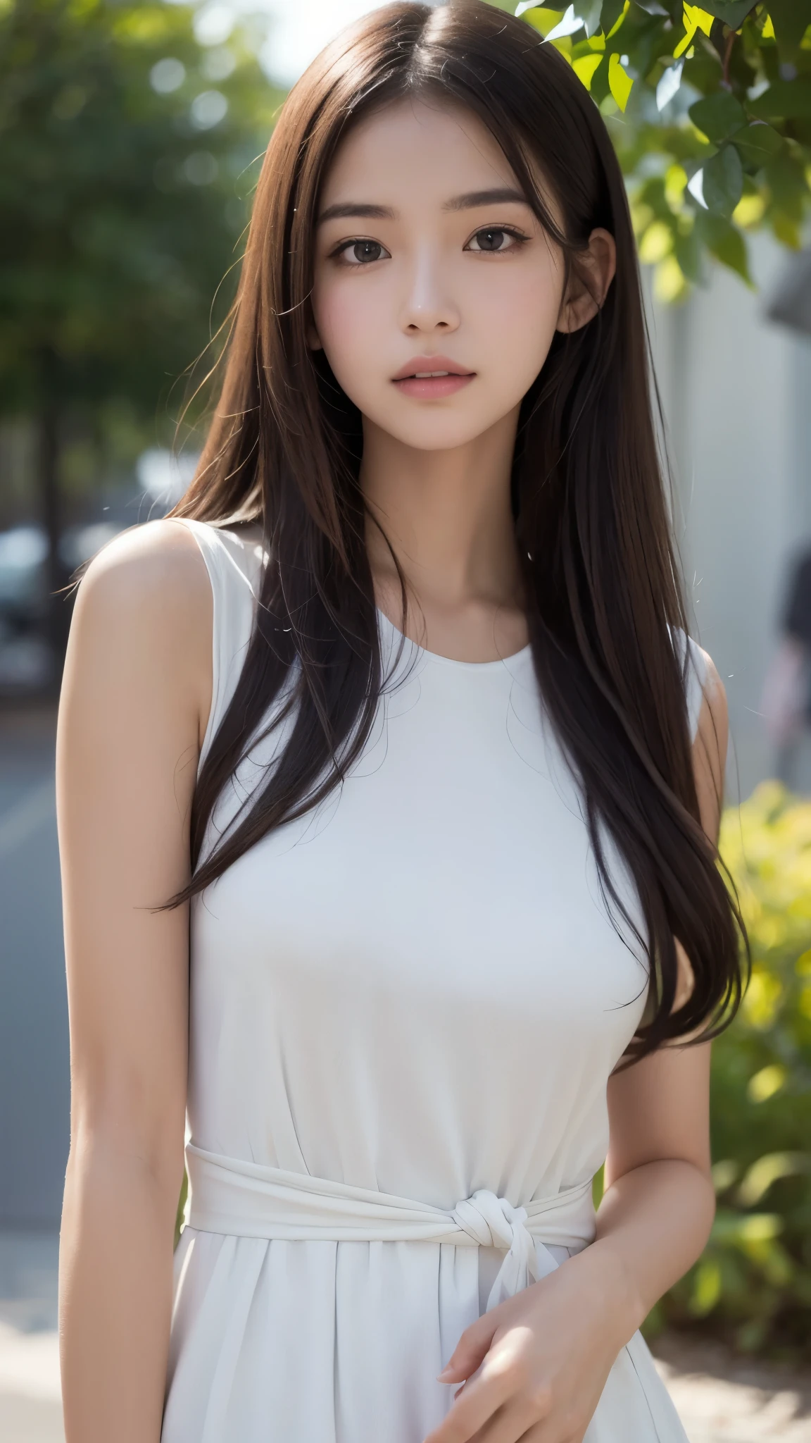 best quality . Realistic portrait of a young woman with long dark hair. The bangs flow slightly to the side, It looks soft and natural . The hair is loose, has waves, and is smooth、has a subtle shine, that gently frames her face. Soft and natural lighting, emphasizes the texture of her hair . photorealistic, high resolution, detailed skin texture, WARM LIGHTING. big black eyes.A beautiful woman with a sense of transparency, ephemerality, and elegant fragrance.Clothes hide the chest tightly and are not exposed.generated by focusing on a setup with transparent material that is white on both the top and bottom,Please include details about the fabric and texture and how it contributes to the overall look of the dress.I'm walking gracefully towards here.1 girl, turns her gaze, smiles, full body image, model posing