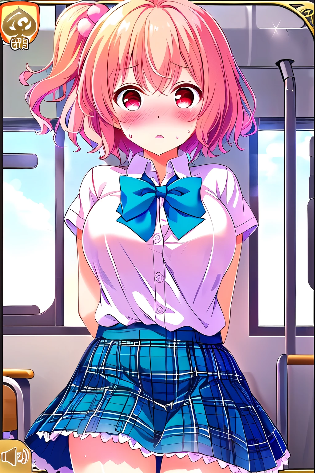 (masterpiece, top quality), Highly Detailed Background, perfect lighting, top quality, (upper body close-up angle:1.4), (arms behind back:1.6), Tomura Michiru, Alone, indoors, inside the bus, Orange Hair, (One side up), ( pink hair bobble), hair between eyes, short hair, red eyes, medium boobs, (Blue Bowtie:1.3), white shirt, Short sleeve, blue skirt, plaid skirt、white thin thighs,、white knee socks, Glossy、school uniform, (surprised:1.4), (blush:1.5),sweat、pink lips