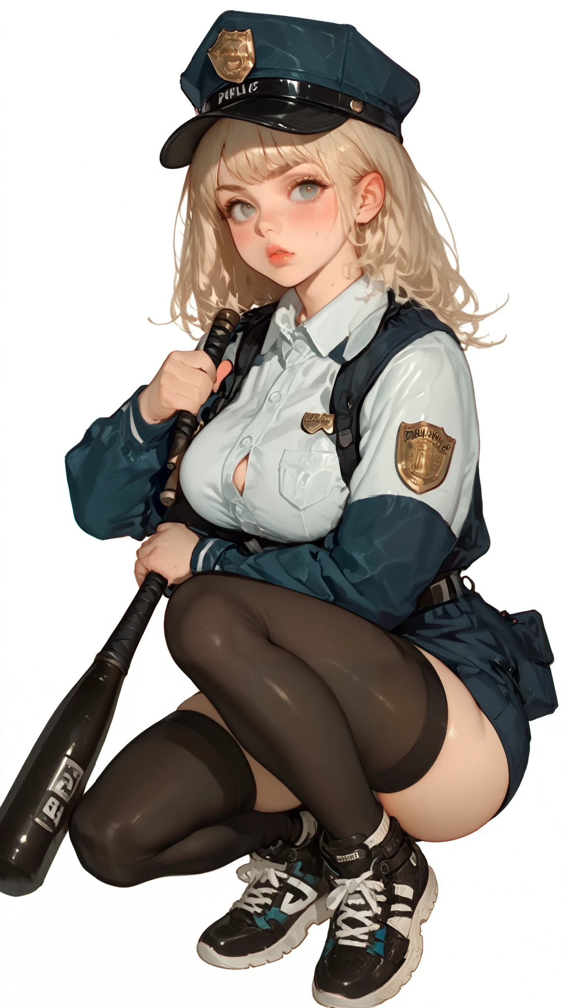 score_9, score_8_up, score_7_up, score_6_up, score_5_up, score_4_up, (masterpiece: 1.0), best quality, 1girl , Alone, Viewer, simple background, charming expression, Hold a baseball bat , Battle Pose , blush, full body, Disdainful Eyes, black stockings, broken police uniform , big breasts, style: midjourney, white background, remote shot, ImpastoBrushXL Style