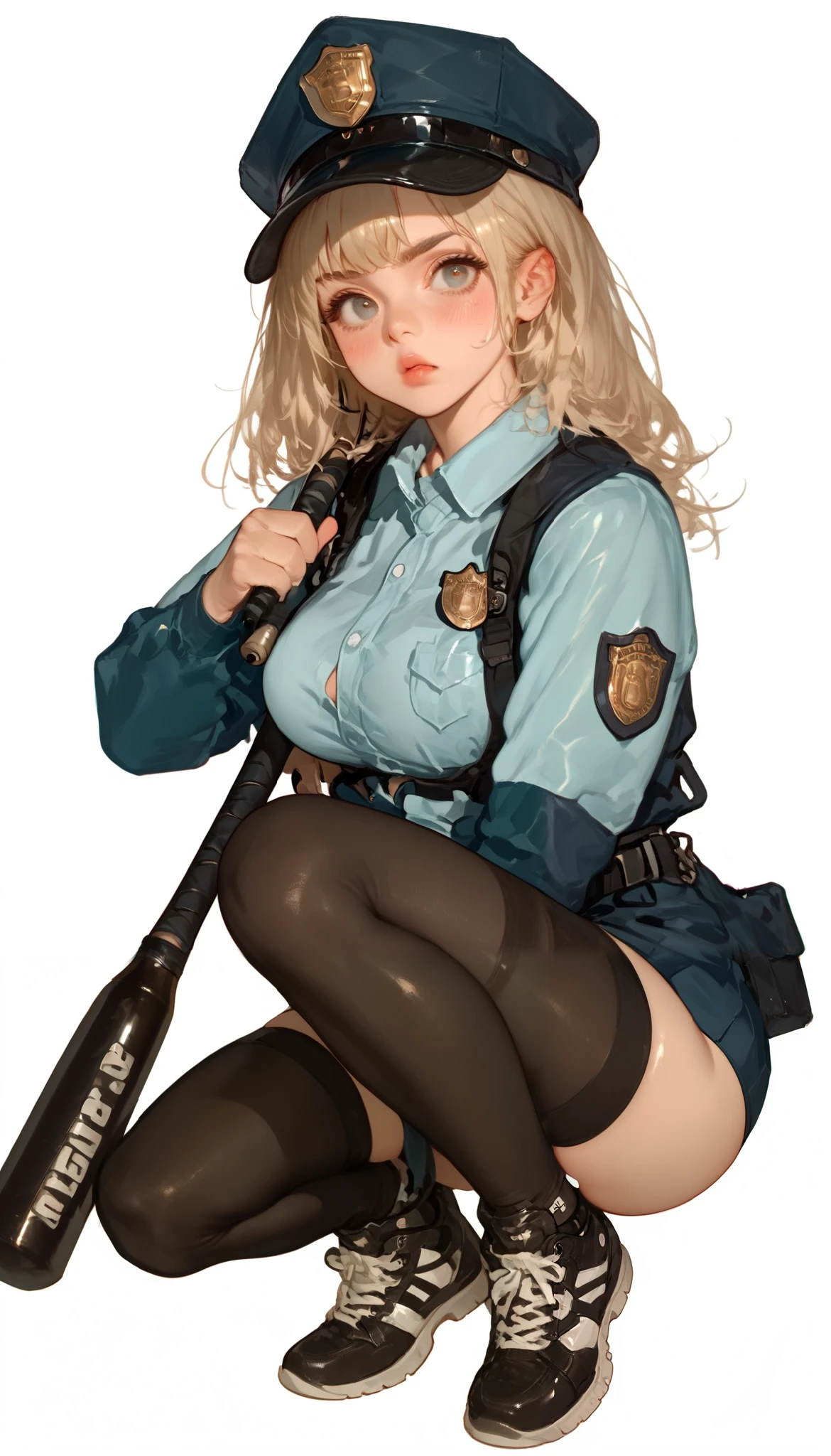 score_9, score_8_up, score_7_up, score_6_up, score_5_up, score_4_up, (masterpiece: 1.0), best quality, 1girl , Alone, Viewer, simple background, charming expression, Hold a baseball bat , Battle Pose , blush, full body, Disdainful Eyes, black stockings, broken police uniform , big breasts, style: midjourney, white background, remote shot, ImpastoBrushXL Style