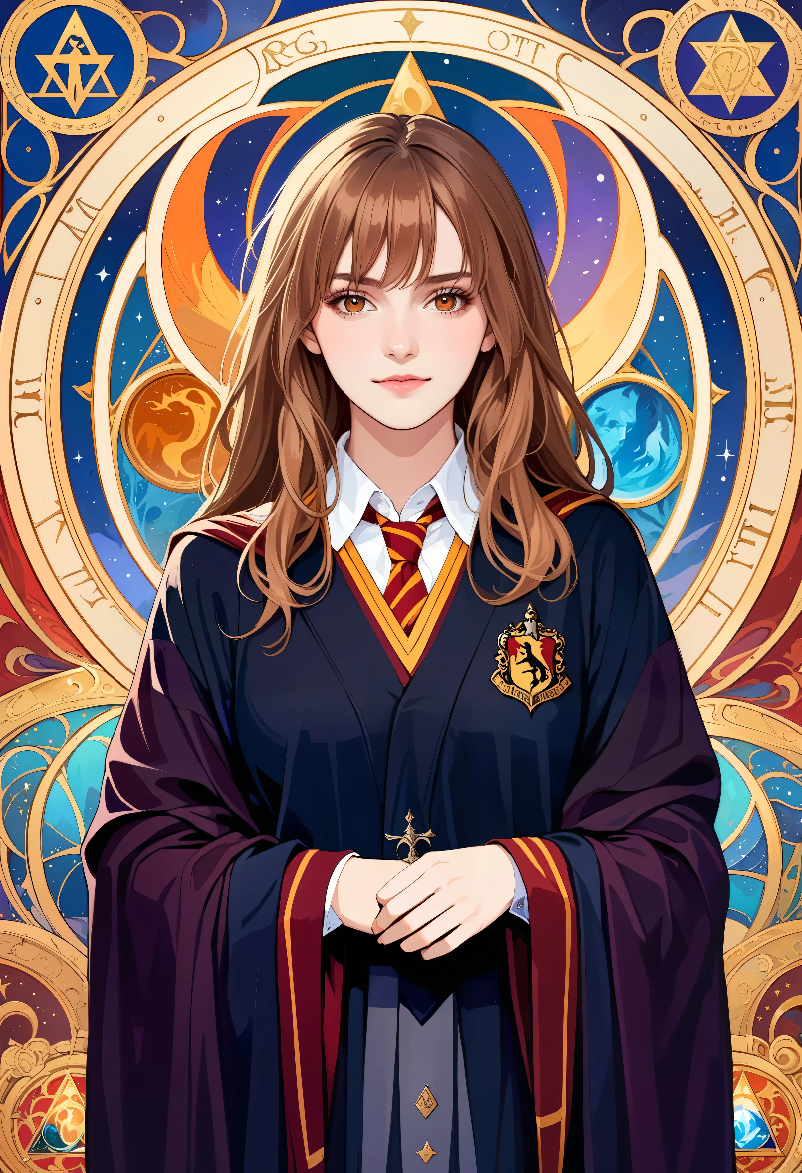 (absurdres, highres, ultra detailed), 1 Female, Brown hair, Brown eyes, Looking at the camera, Hermione Granger, Wearing a Hogwarts uniform, Black robe with Gryffindor emblem, White collared shirt, Tie in house colors, V-neck sweater, Wizard aesthetic, Regal yet casual, 'tarot', Symbolism, Visual art, Occult, Universal, Vision casting, Philosophical, Iconography, Numerology, Popularity, Artistic, Alfons Mucha, ethereal lighting